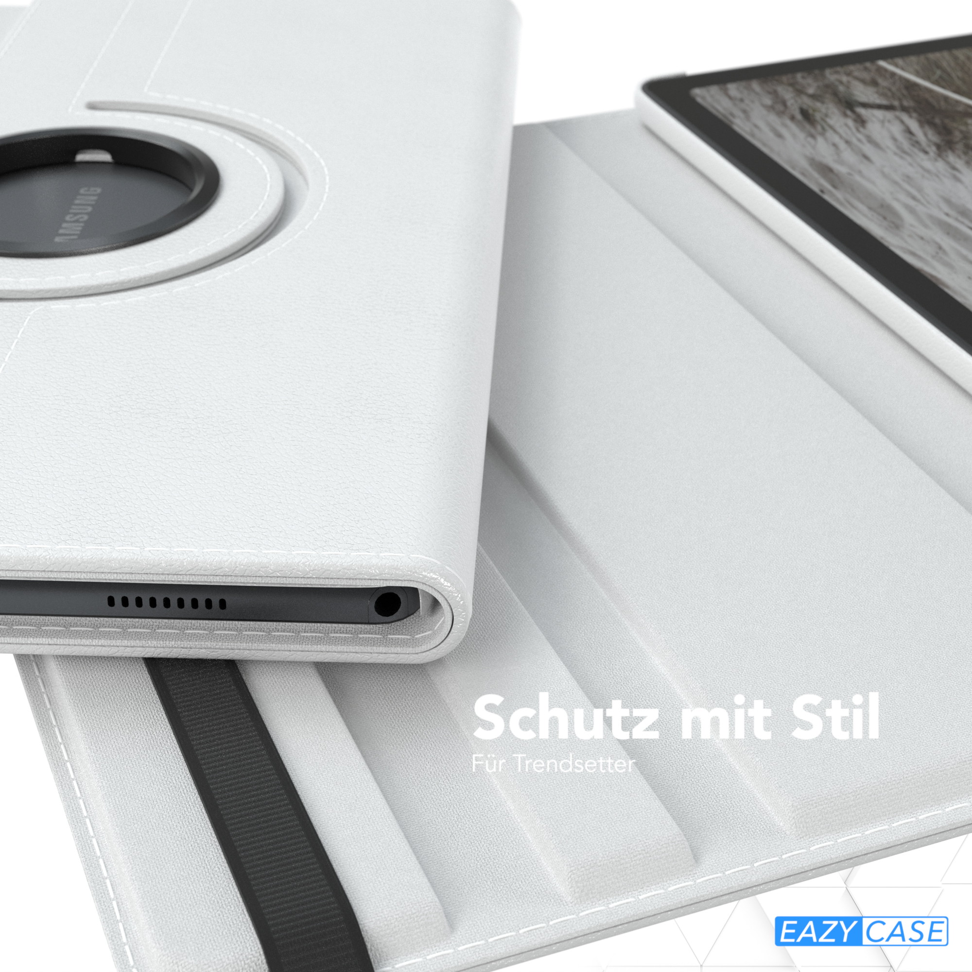Weiße Tablet-Hülle, zeigt einen Teil eines Tablets. Hülle geschlossen, mit schwarzem Riemen und Samsung-Logo.