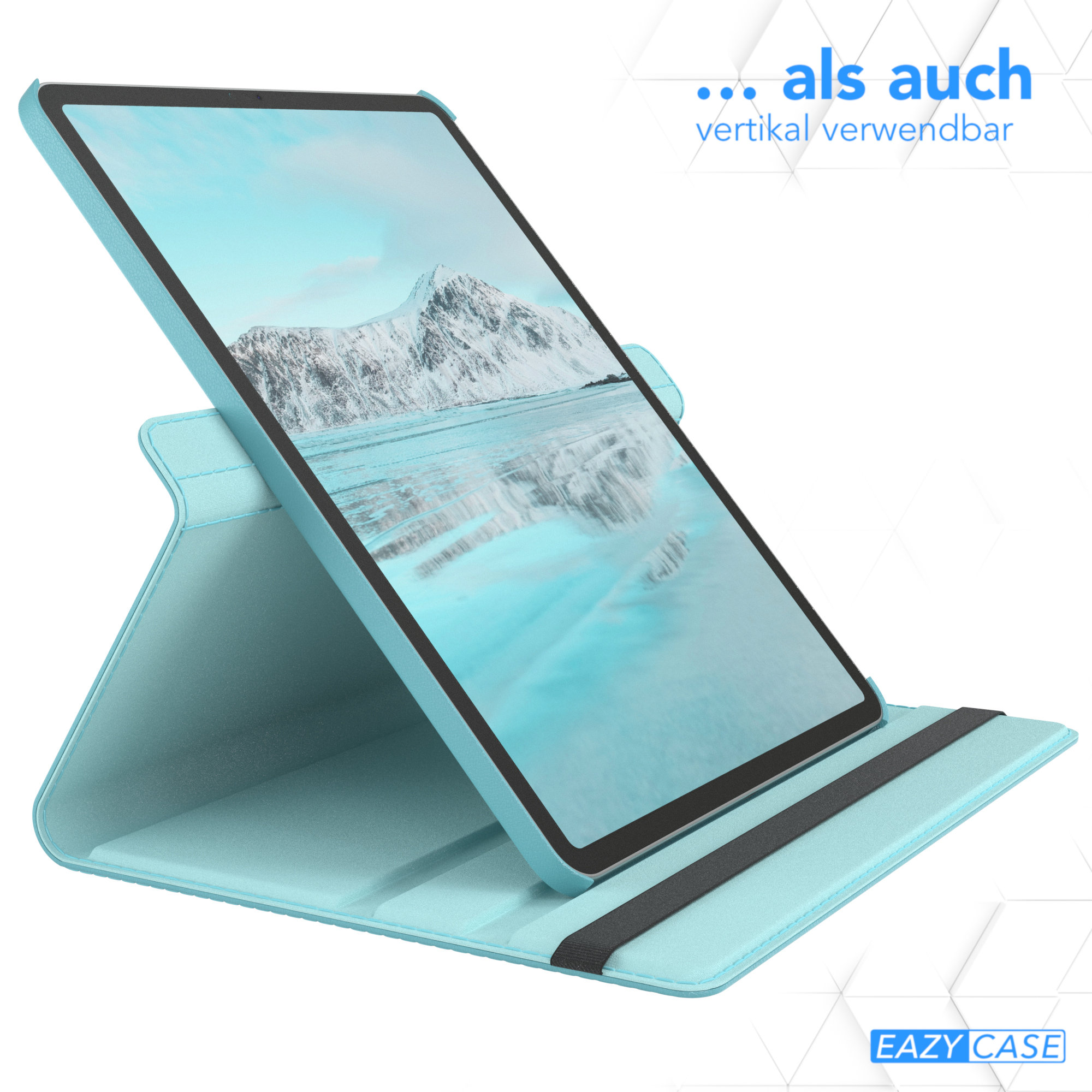 Ein Tablet in hellblauer Hülle ist aufgestellt. Es zeigt eine schneebedeckte Berglandschaft.