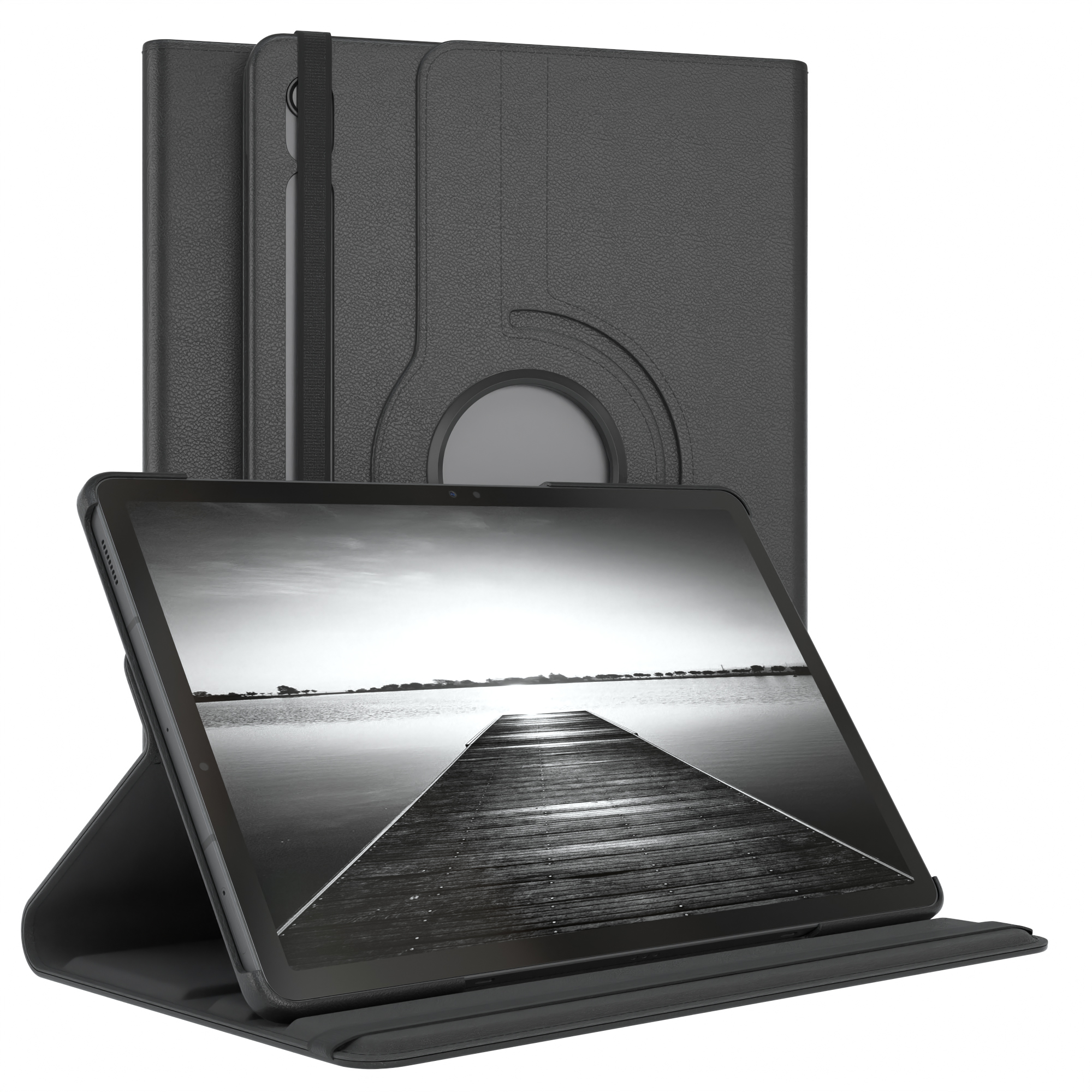 Schwarzes Tablet in schwarzer Hülle, angewinkelt, zeigt eine Dock-Szene.