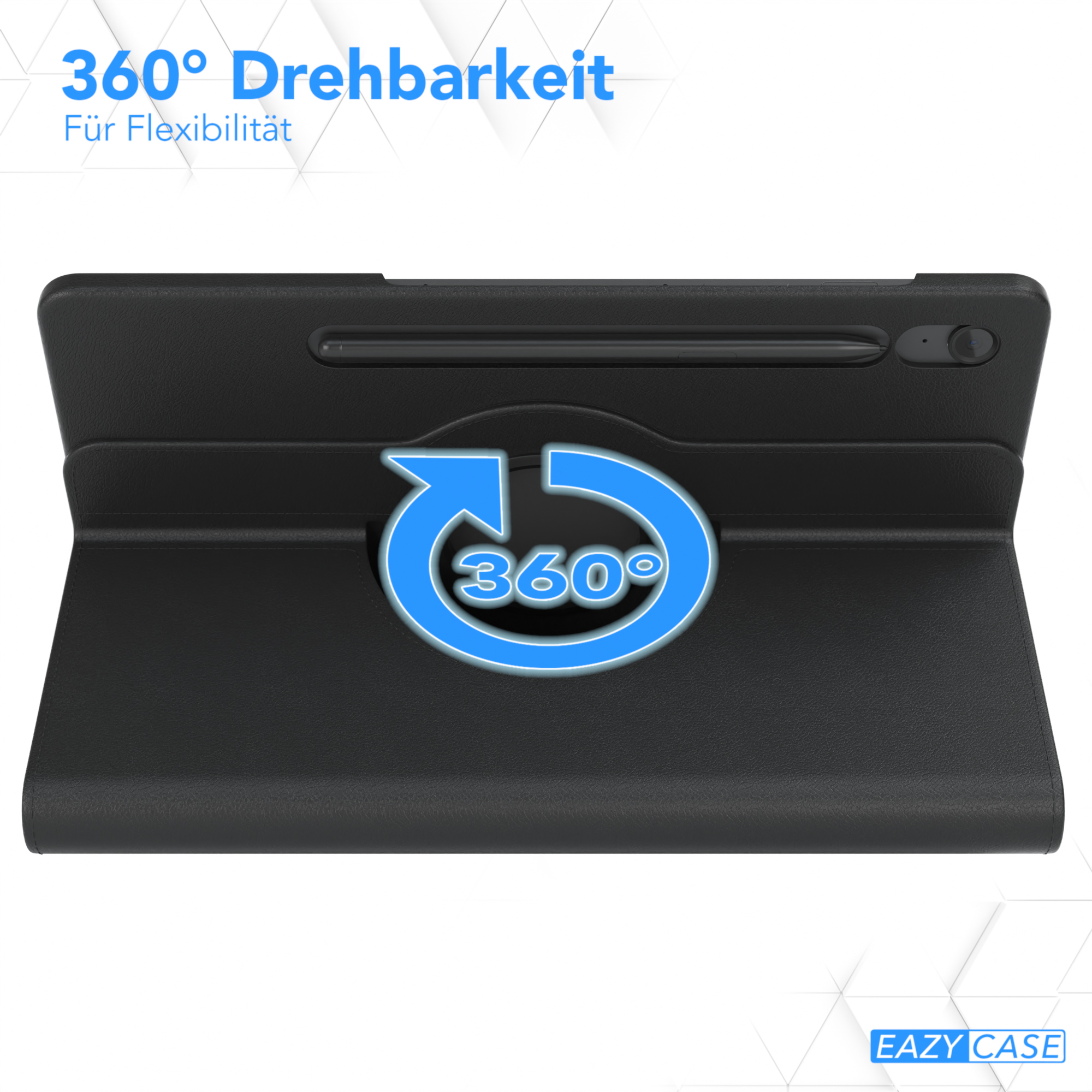 Schwarze Tablethülle mit Drehfunktion und blauer Pfeilgrafik.