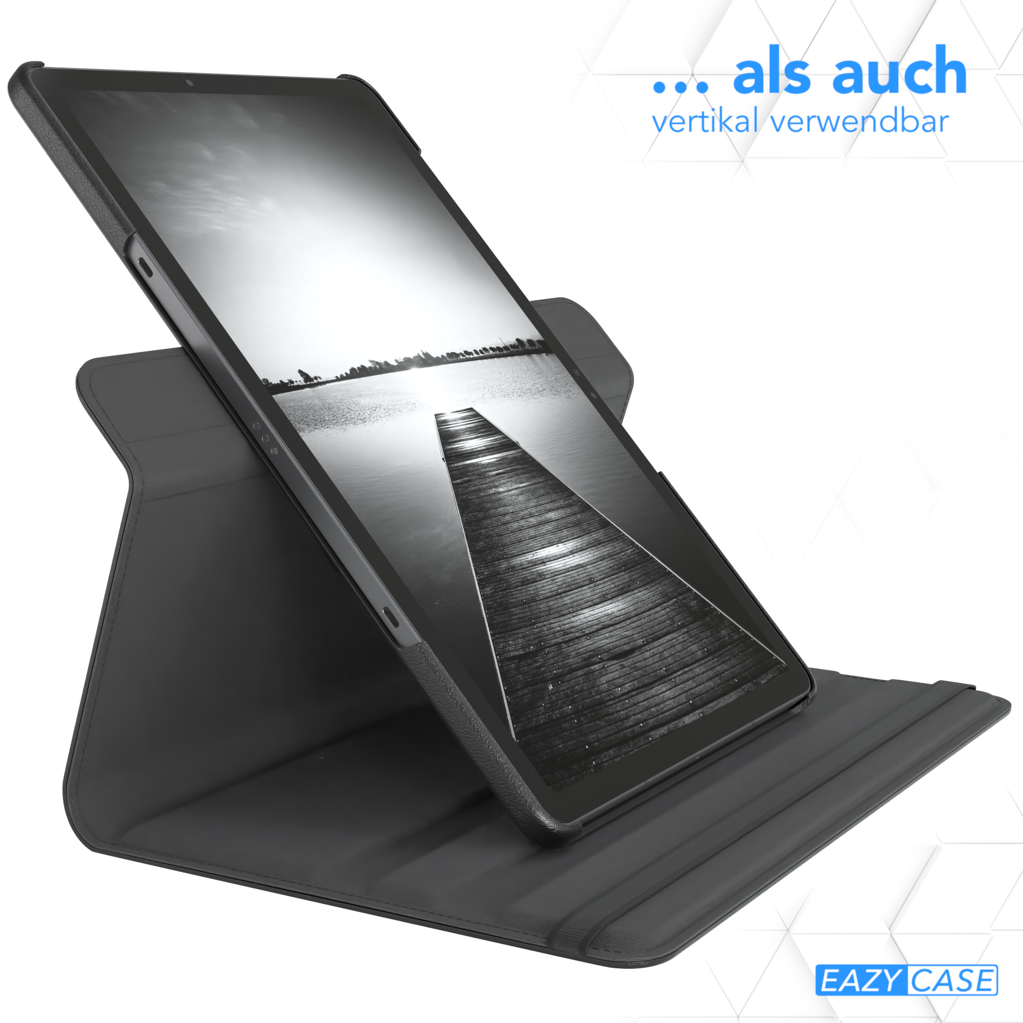 Tablet in schwarzem Gehäuse, im Hochformat, auf einer Oberfläche angewinkelt. Text oben.
