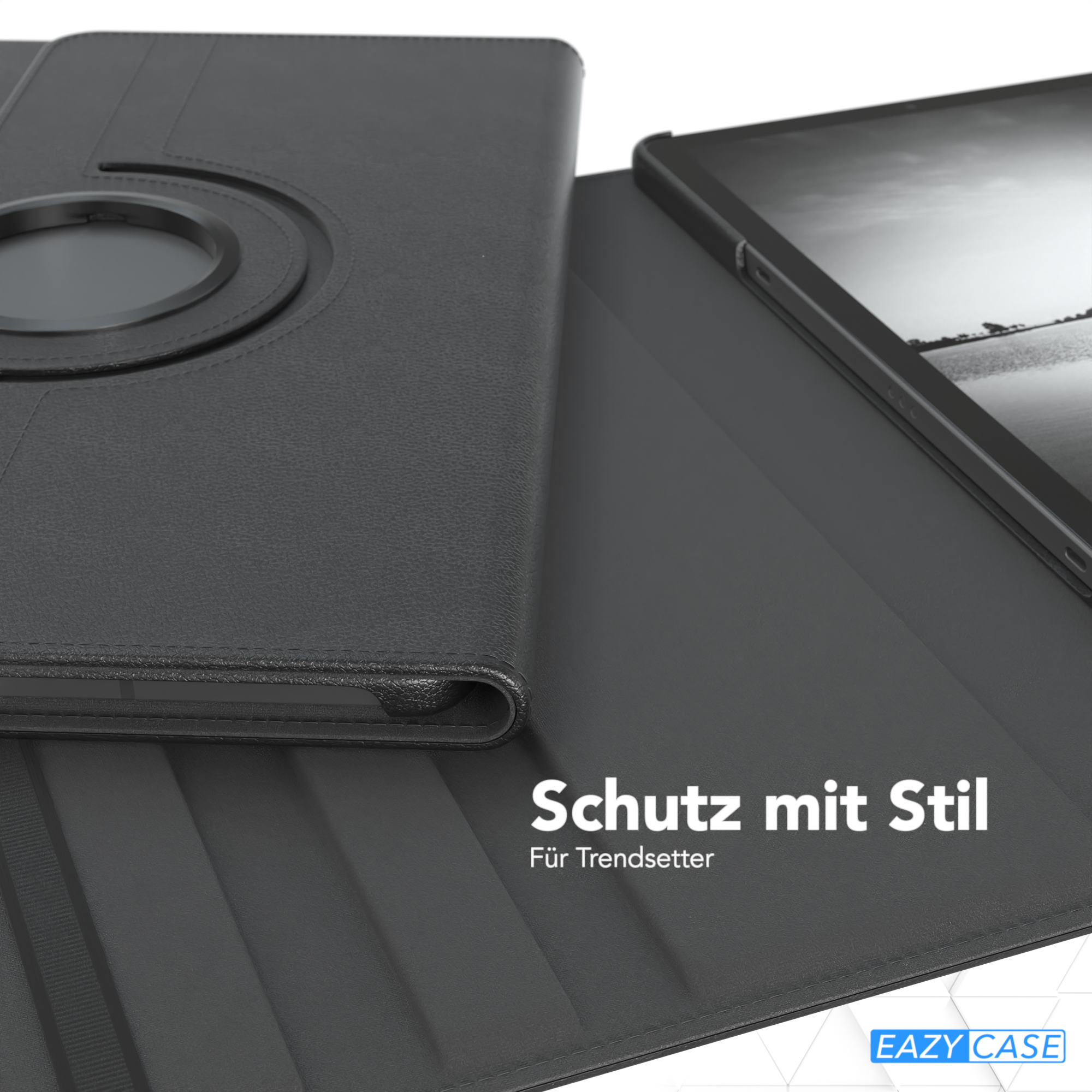 Eine geöffnete schwarze Tablethülle, die ein Tablet im Inneren zeigt. Text unten.