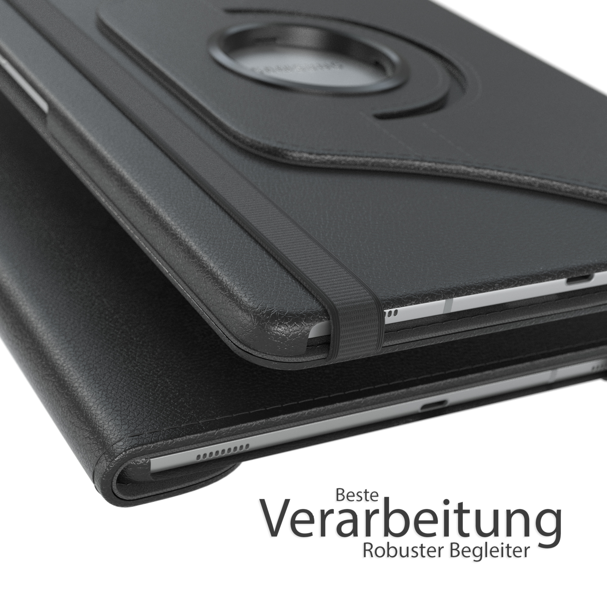 Schwarze Tablethülle, die die Rückseite und eine Nahaufnahme der oberen Ecke zeigt. Die Hülle ist strukturiert.
