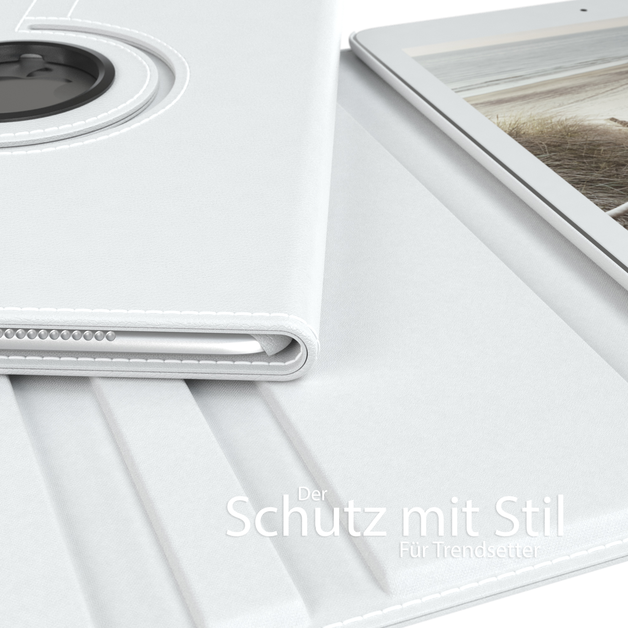 Weiße Tablethülle mit drehbarem Teil. Der Text "Schutz mit Stil" ist vorhanden.