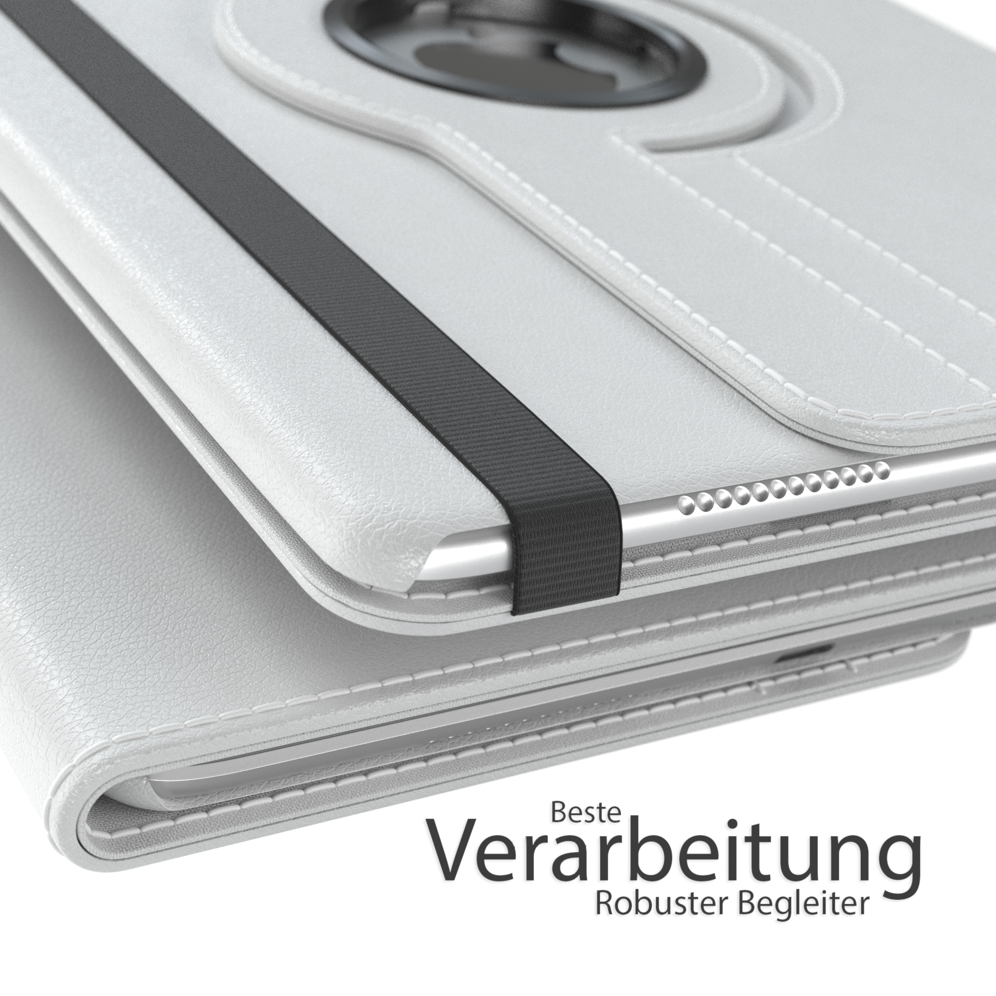 Weiße Tablet-Hülle, schwarzes Gummiband, Verabeitung-Text.