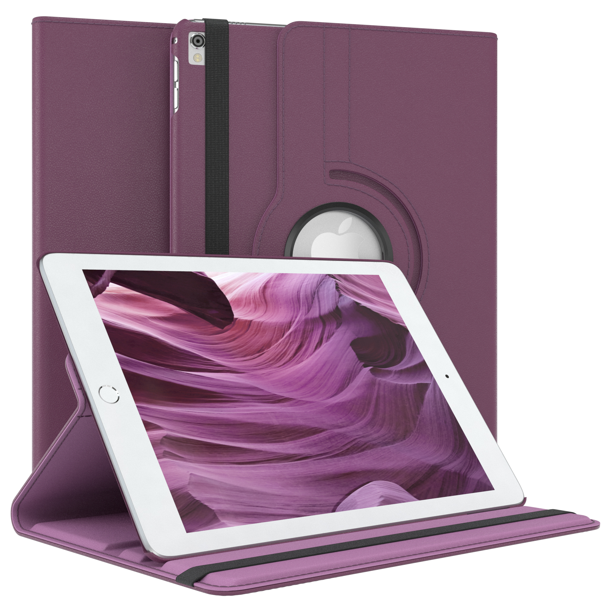 Eine lila Tablethülle mit einem Tablet darin, das einen wellenförmigen rosa-lila Hintergrund zeigt.
