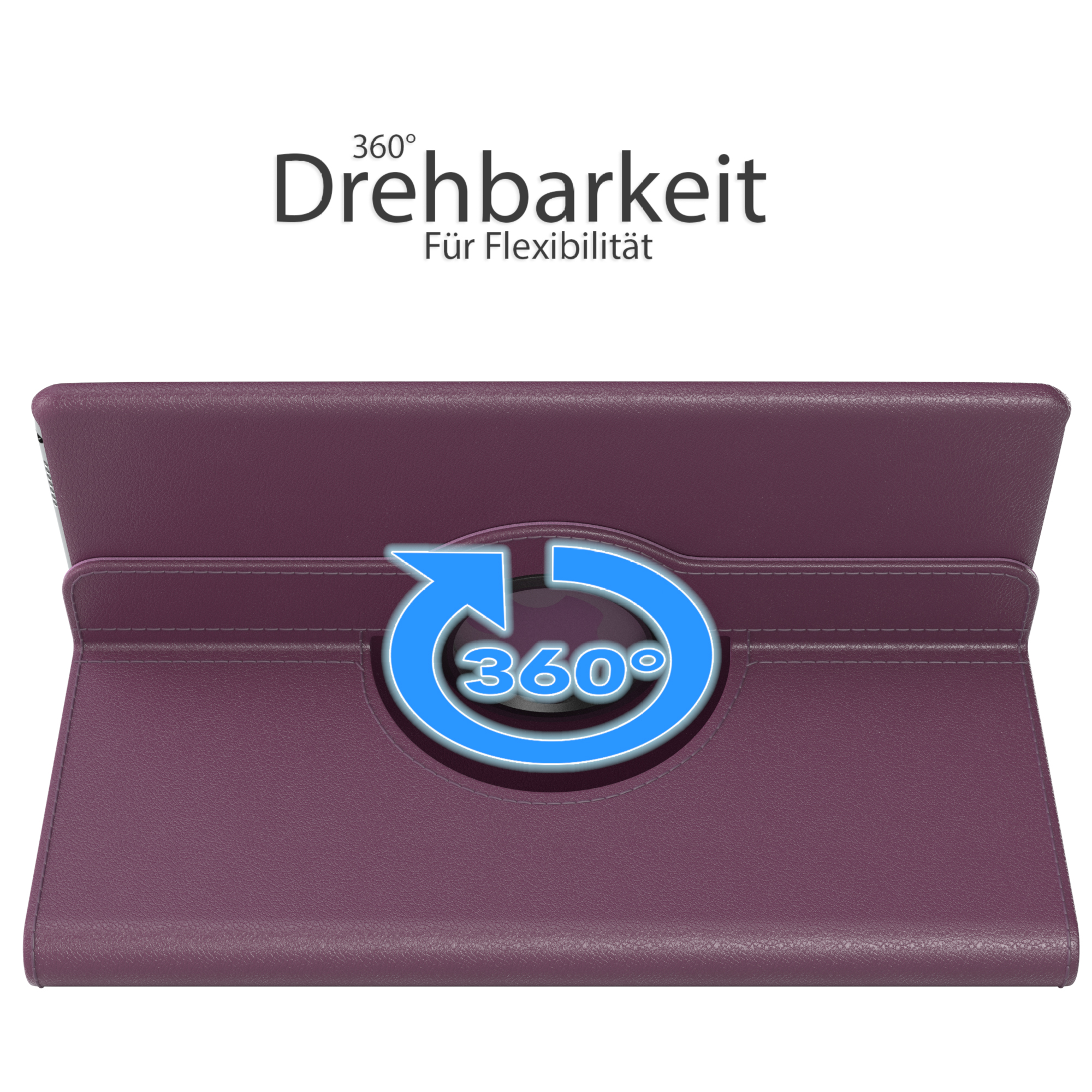 Ein lila Tabletfach. Ein blauer Pfeil zeigt 360° Drehung an. Text: „360° Drehbarkeit“.