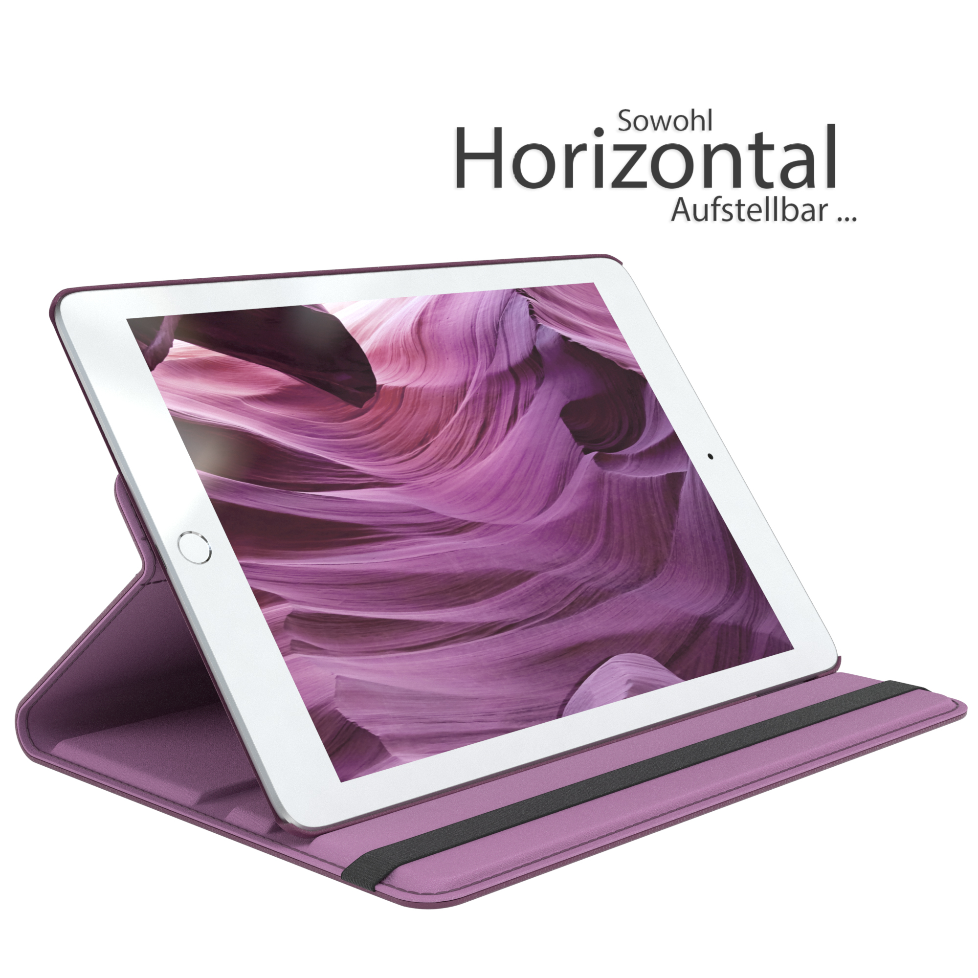 Tablet in einer lila Hülle, auf weißer Oberfläche mit Text.