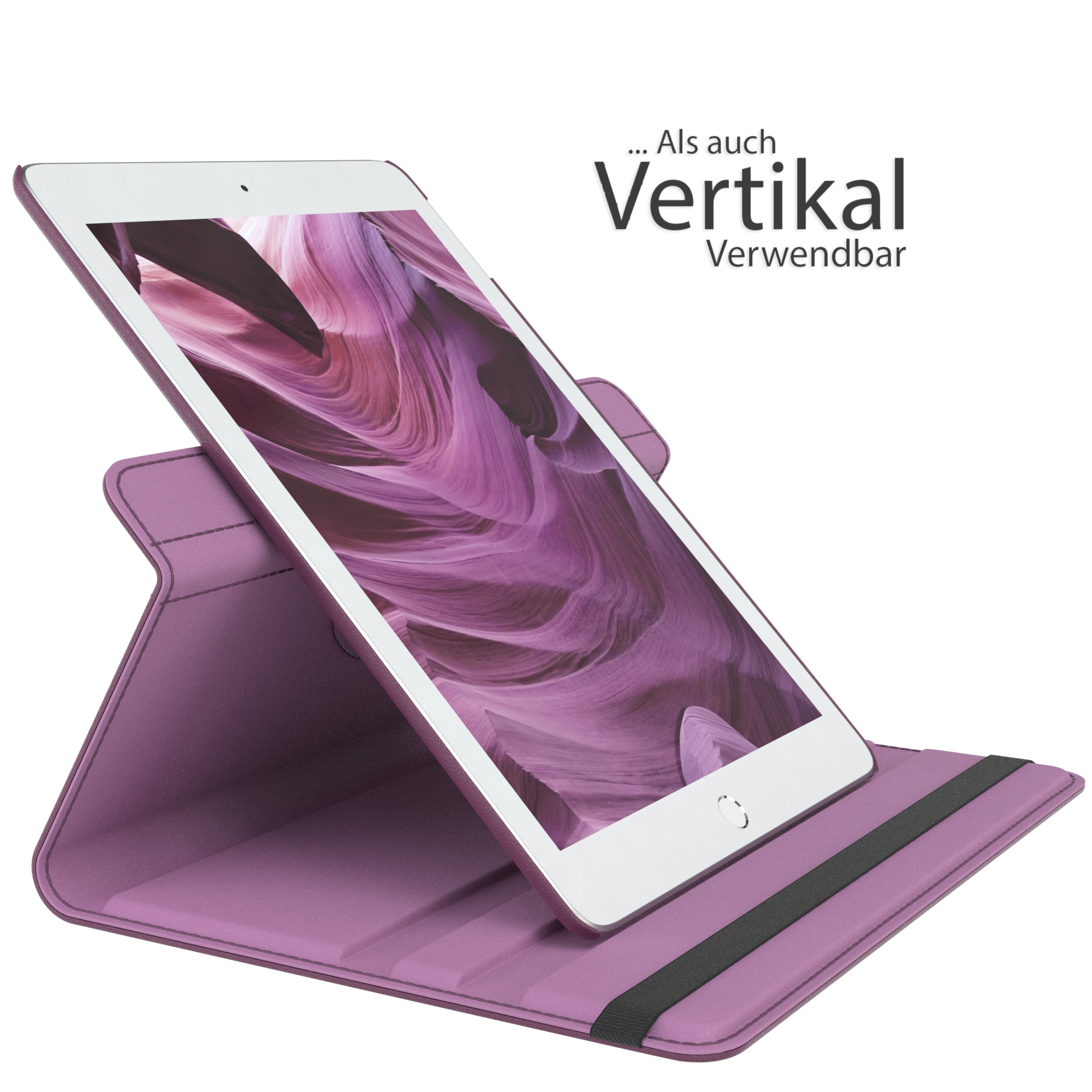 Tablet in einer lila Hülle, in einem Winkel aufgestellt. Text lautet Vertikal.