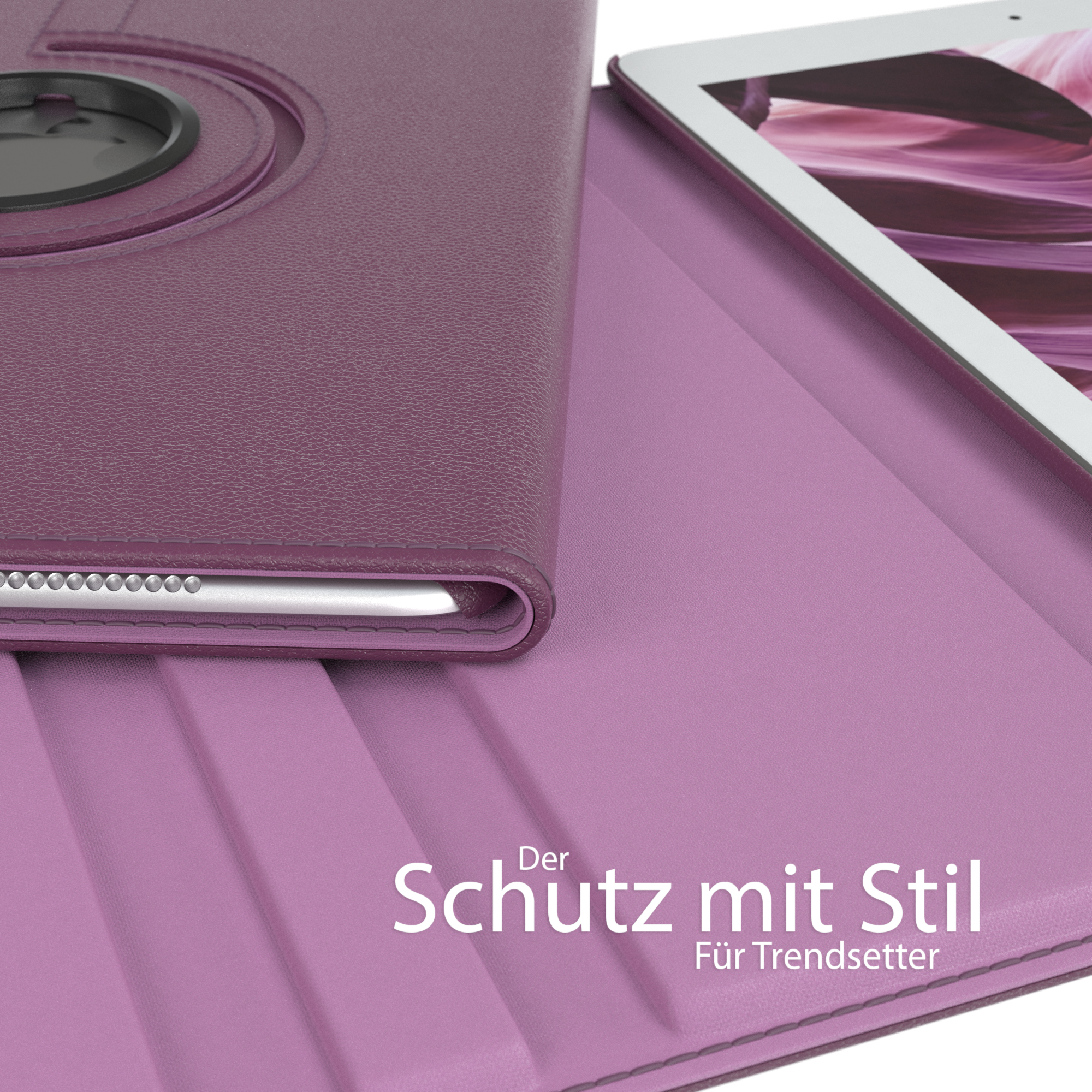 Lila Tablethülle mit Tablet, Text: Schutz mit Stil.