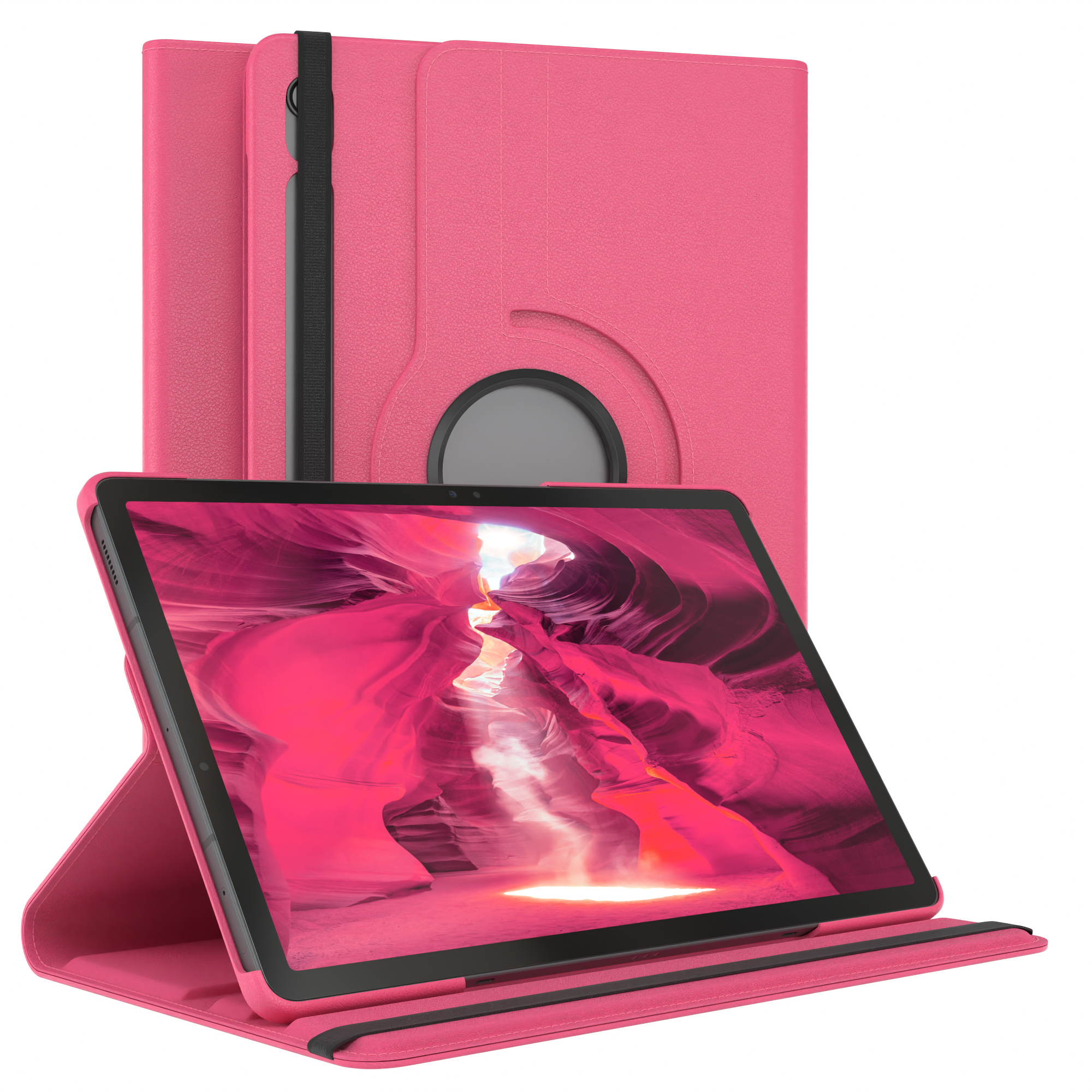 Rosa Tablet-Hülle mit schwarzem Tablet und Stift.