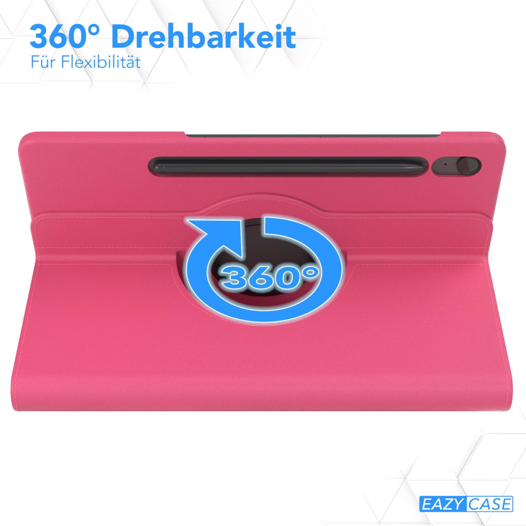 Rosa Tablet-Hülle. 360-Grad-Drehung. Weißer Hintergrund. Blaue Pfeilgrafik. Text: 360 Grad Flexibilität.