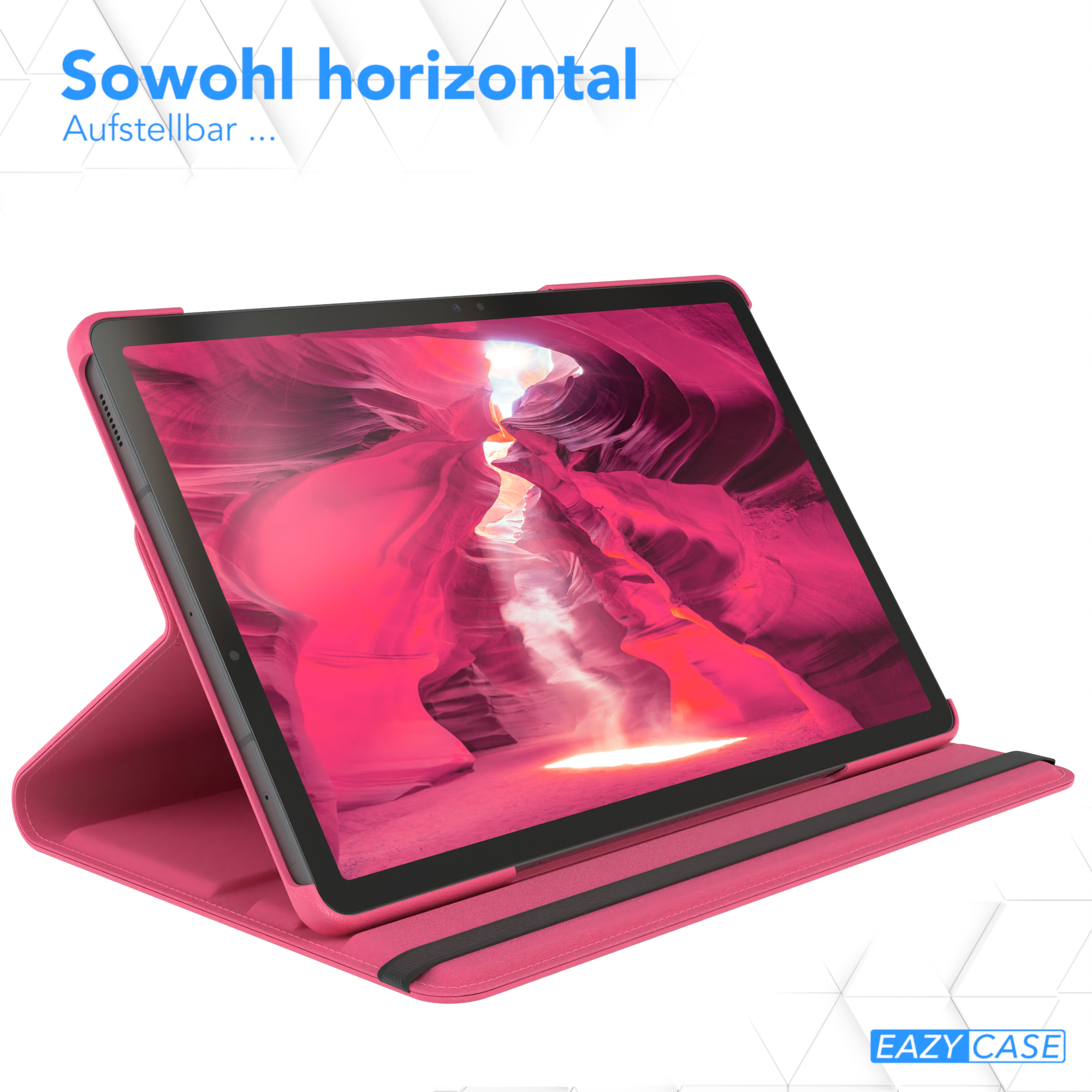Ein Tablet in einem pinkfarbenen Gehäuse, hochgestellt. Text: 'Sowohl horizontal' und 'vertikal verwendbar'.