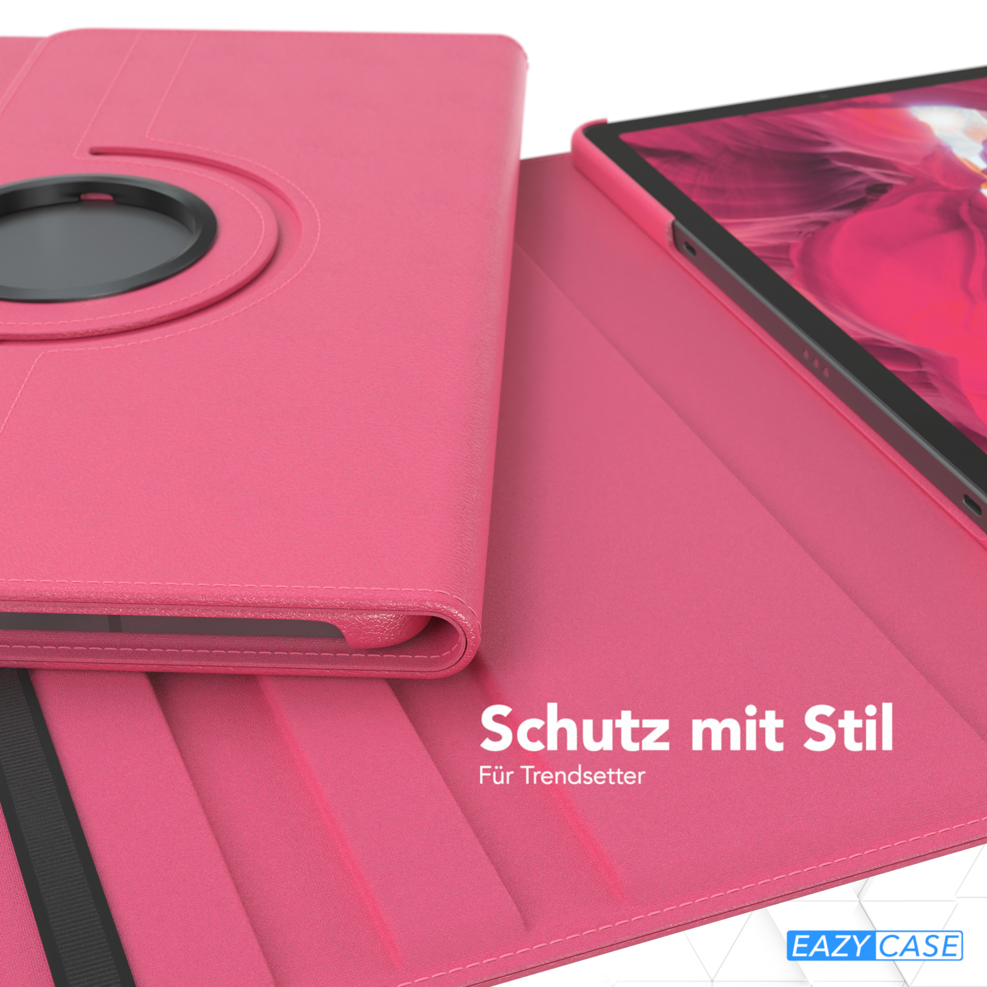 Rosa Tablethülle, offen. Innenraum sichtbar. Text 'Schutz mit Stil' und Logo 'EAZY CASE'.