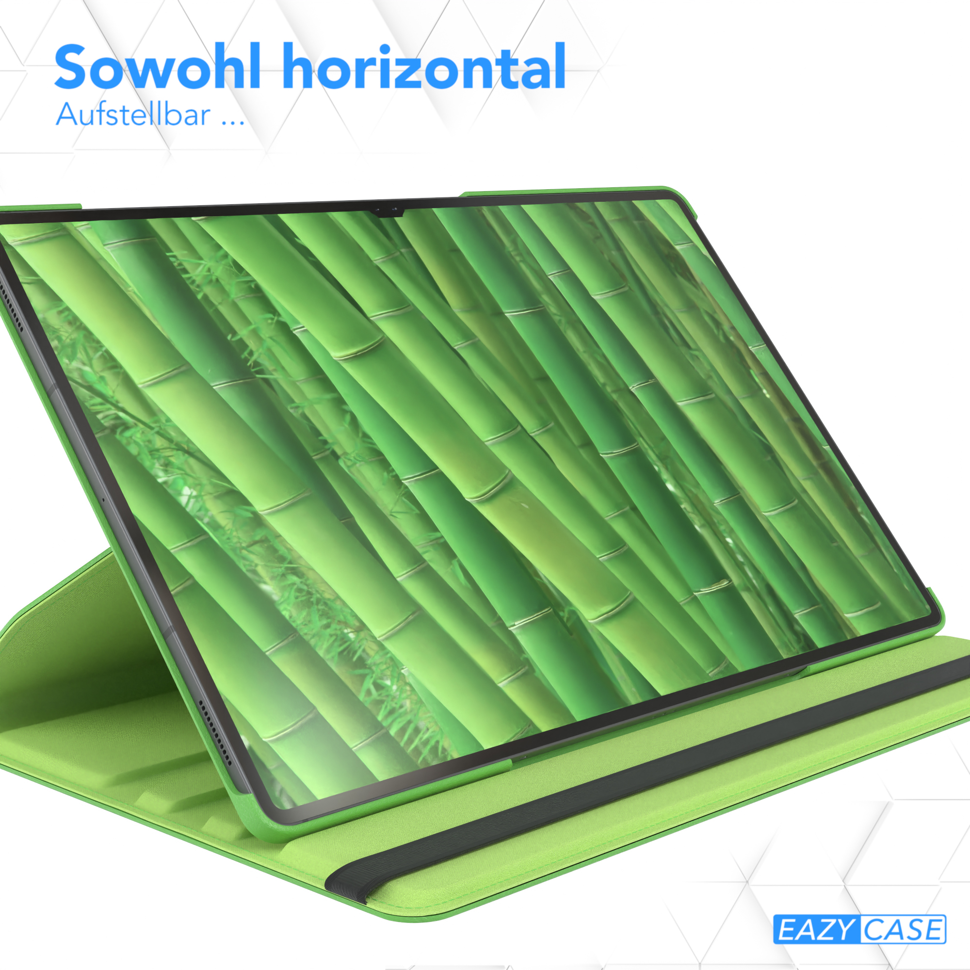 Tablet in einer grünen Hülle. Das Tablet ist auf einem Ständer aufgestellt. Bambusmuster auf dem Bildschirm.