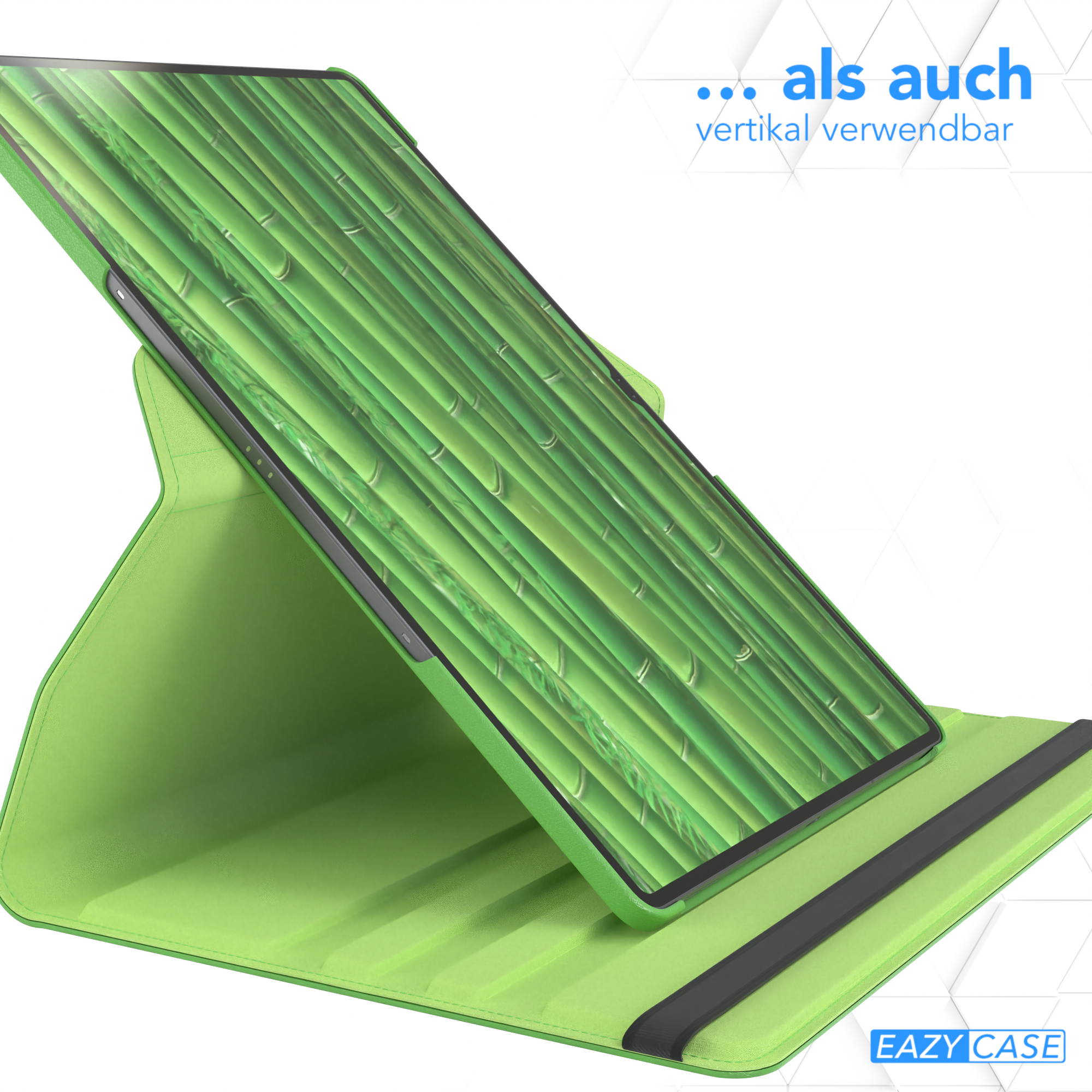 Grüne Tablethülle mit Bambusdesign-Bildschirm. Es ist zum Betrachten hochgestellt.
