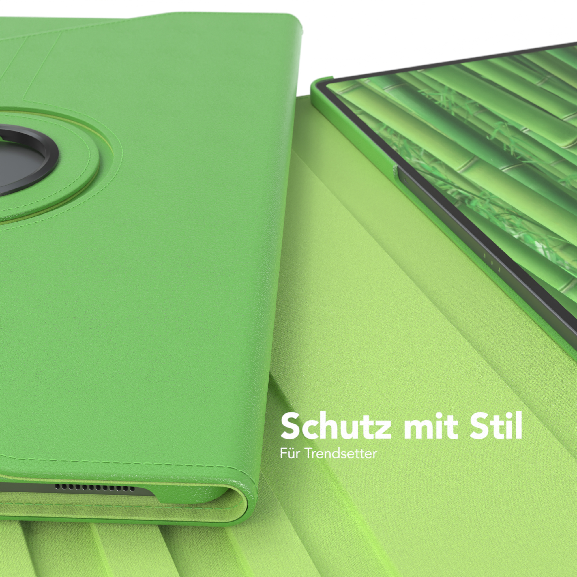 Orange Tablet-Hülle. Text: Robuster Begleiter. Der Hintergrund ist ein Holztisch.
