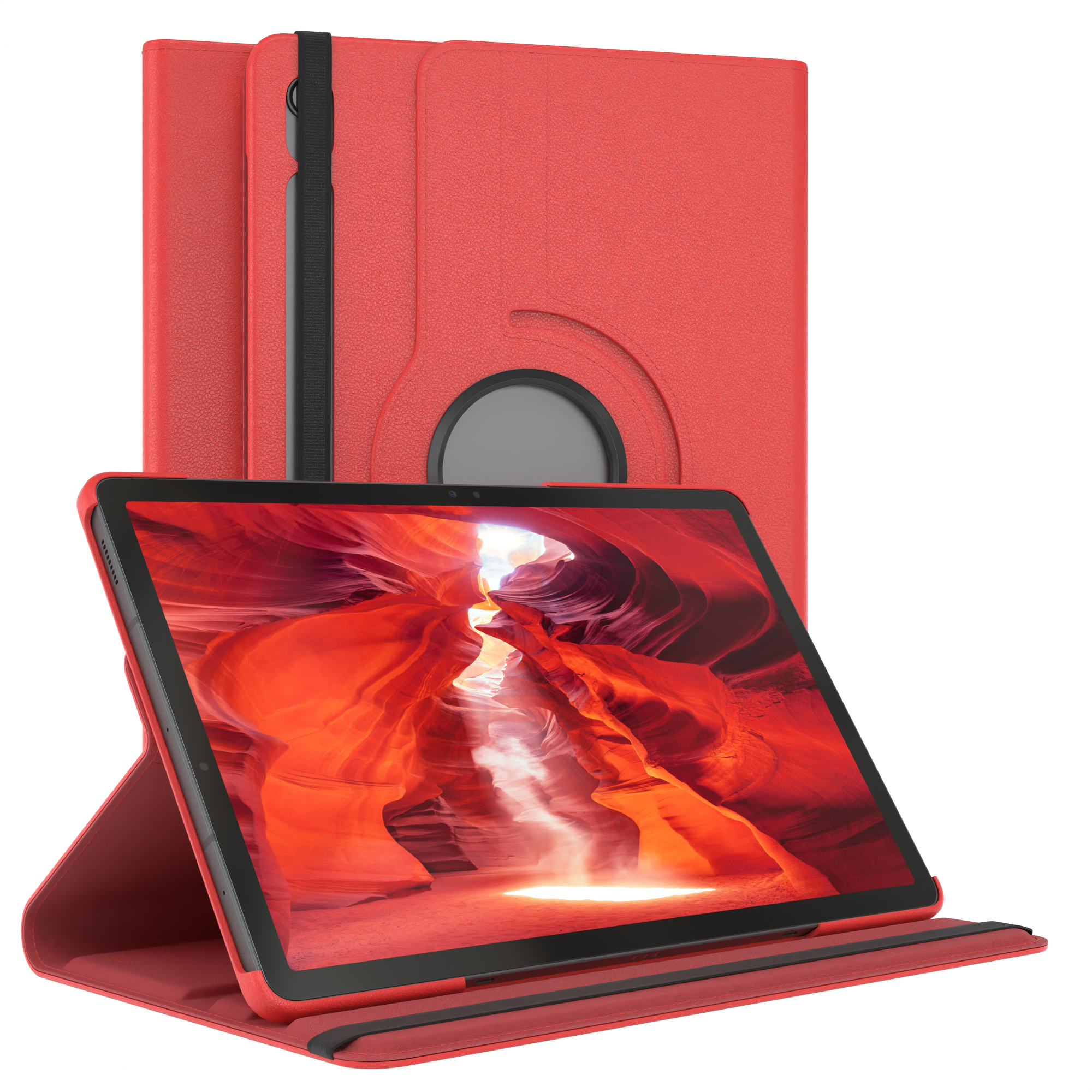 Rote Tablethülle mit Tablet darin. Das Tablet ist geöffnet. Auf der linken Seite befindet sich ein schwarzes Band.