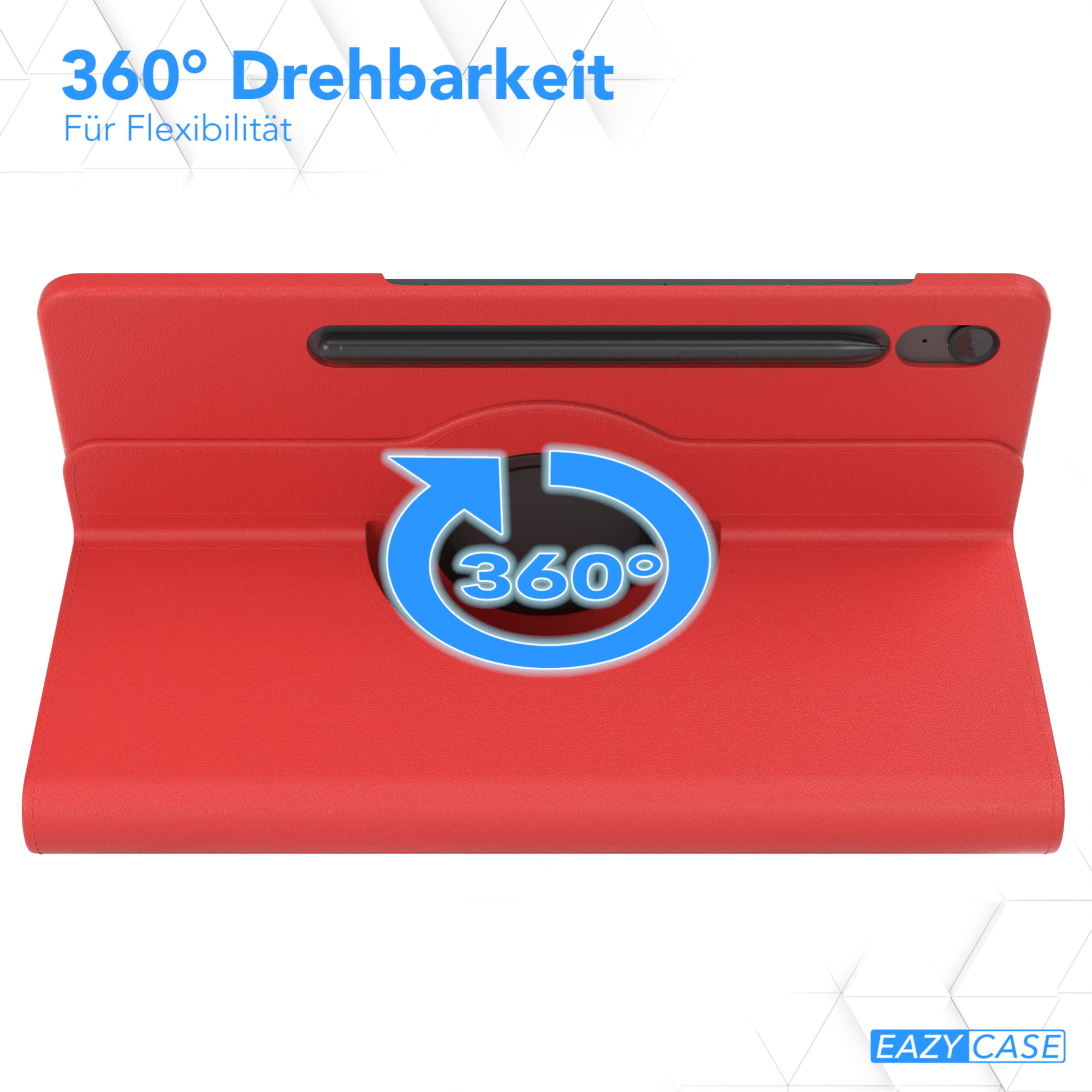Eine rote Tablethülle mit Drehmechanismus und dem Text '360° Drehbarkeit'.