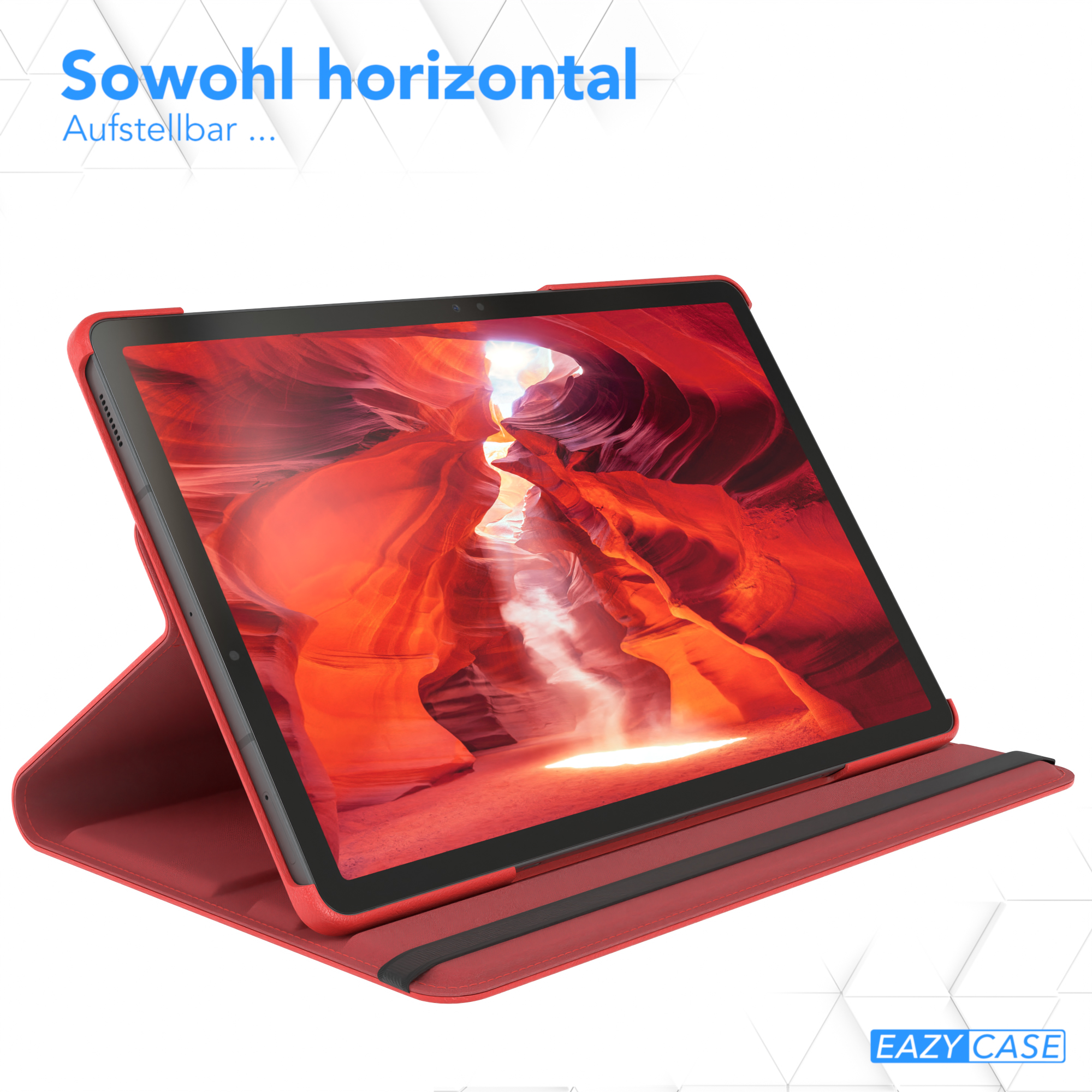 Rotes Tablet in roter Hülle, geöffnet, mit einer Schlucht. Text oben: 'Sowohl horizontal'.