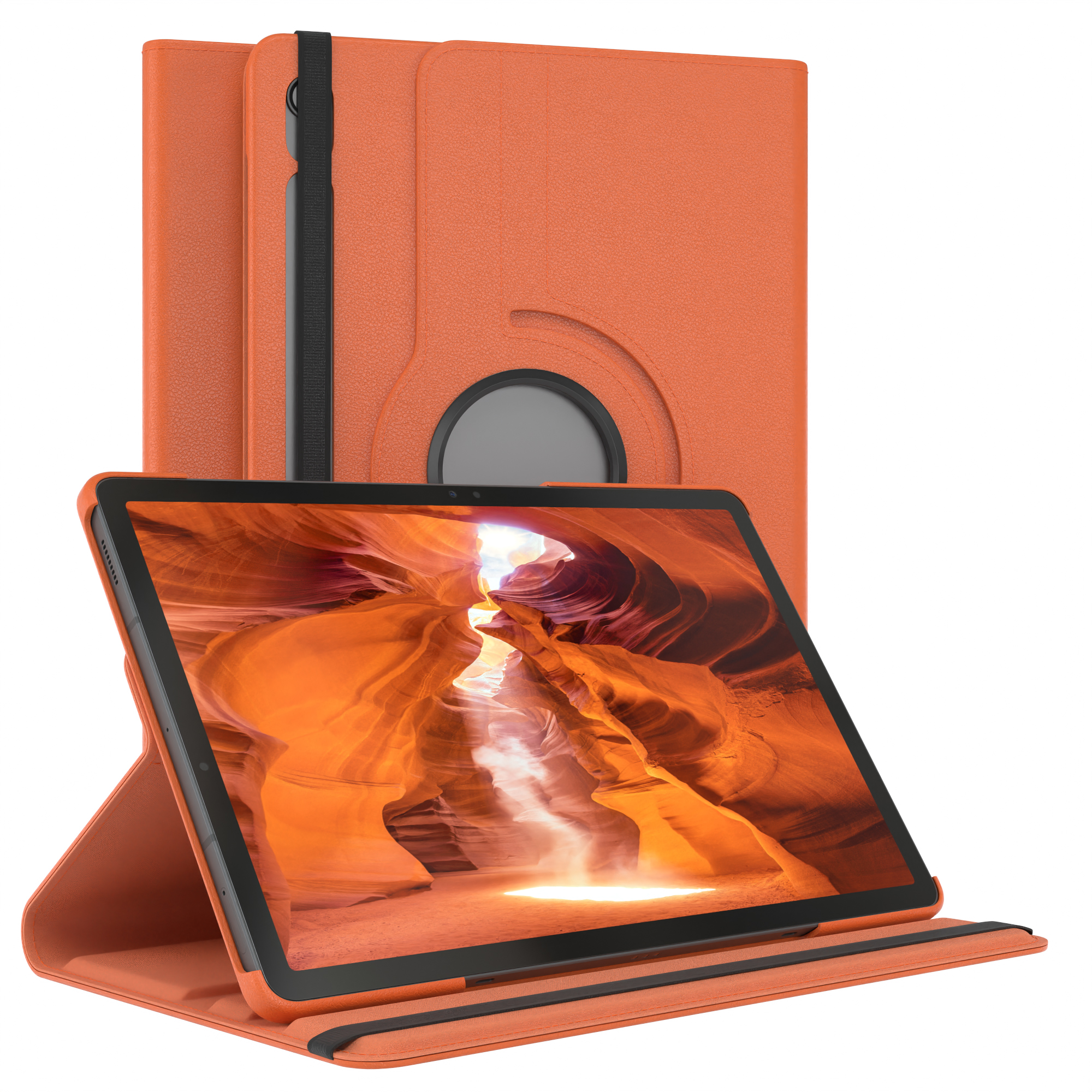 Orangenes Tablet in orangefarbener Hülle. Das Tablet ist im Querformat.