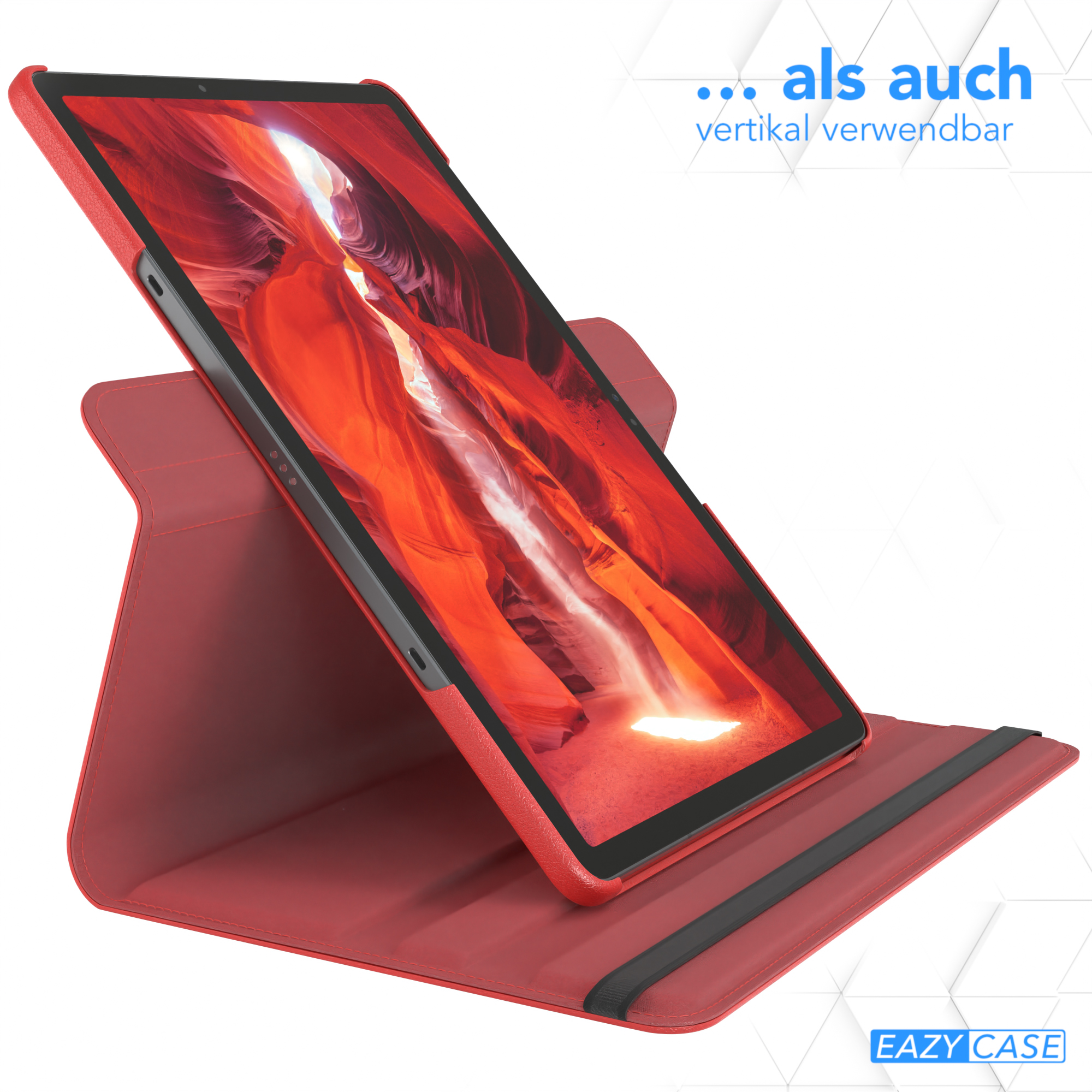 Rote Tablethülle mit einem Tablet darin. Die Hülle ist geöffnet und abgewinkelt.