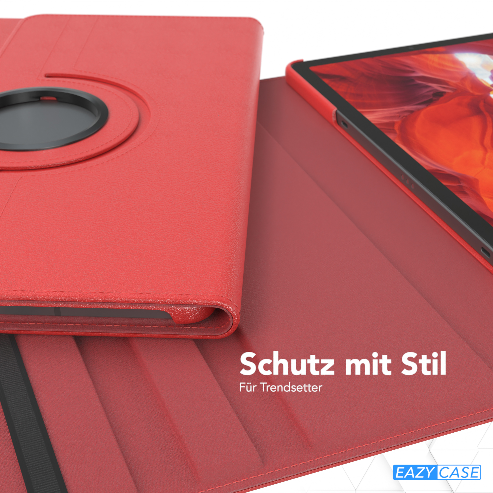 Rote Tablethülle. Das Tablet befindet sich in der Hülle. Text auf Deutsch am unteren Rand.