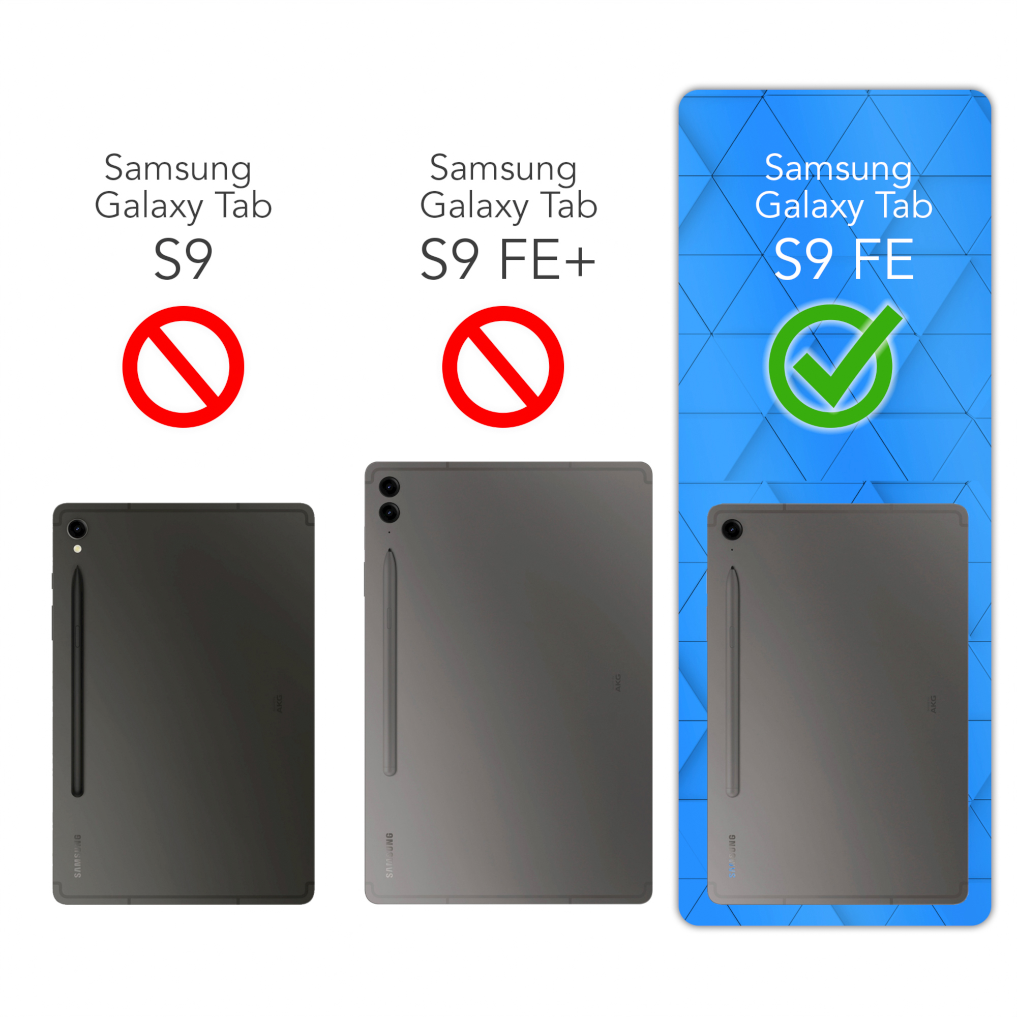 Tablets mit den Bezeichnungen S9, S9 FE und S9 FE+. Die S9 und S9 FE+ haben rote X.