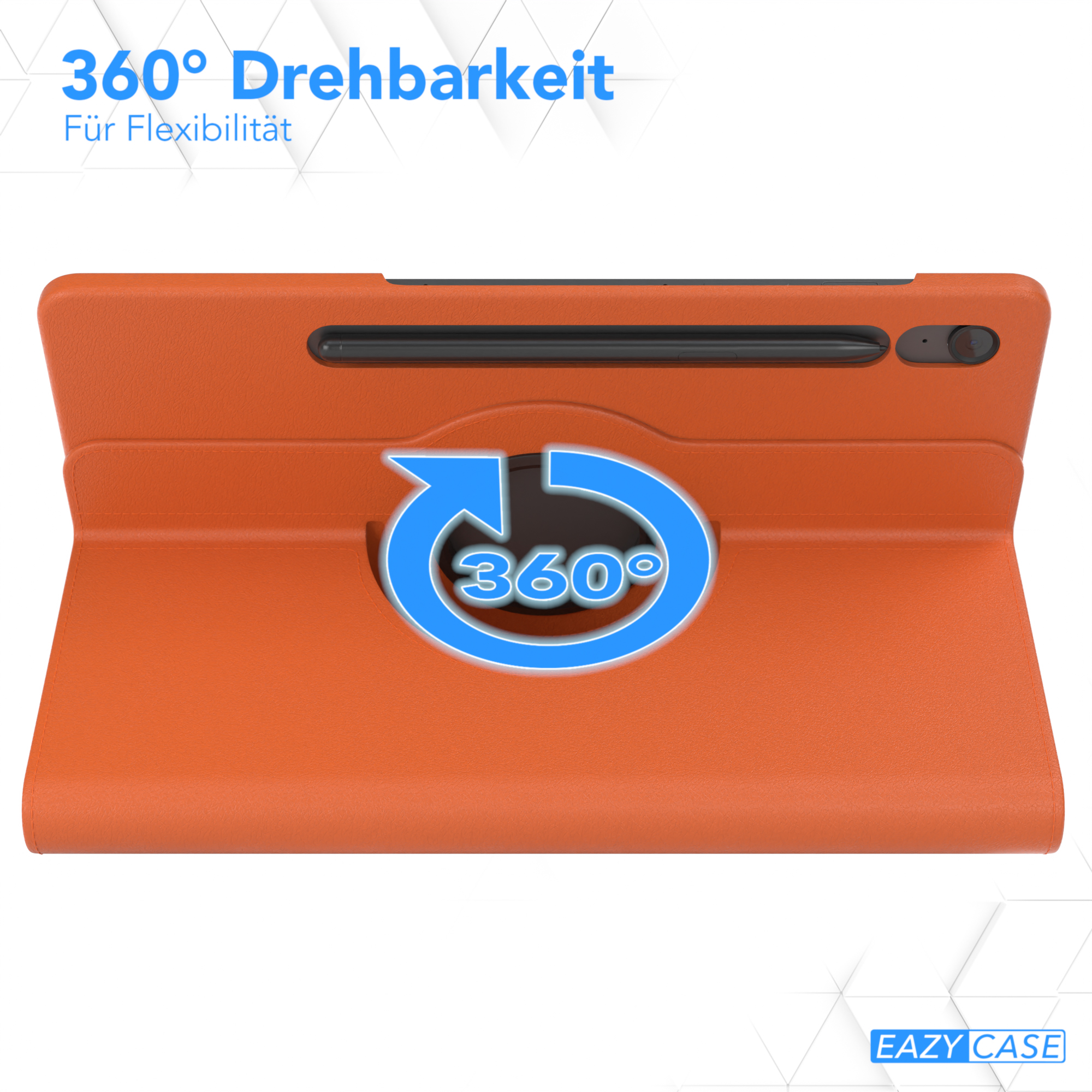 Orangene Tablet-Hülle mit blauem Drehrichtungspfeilsymbol, weißer Hintergrund.