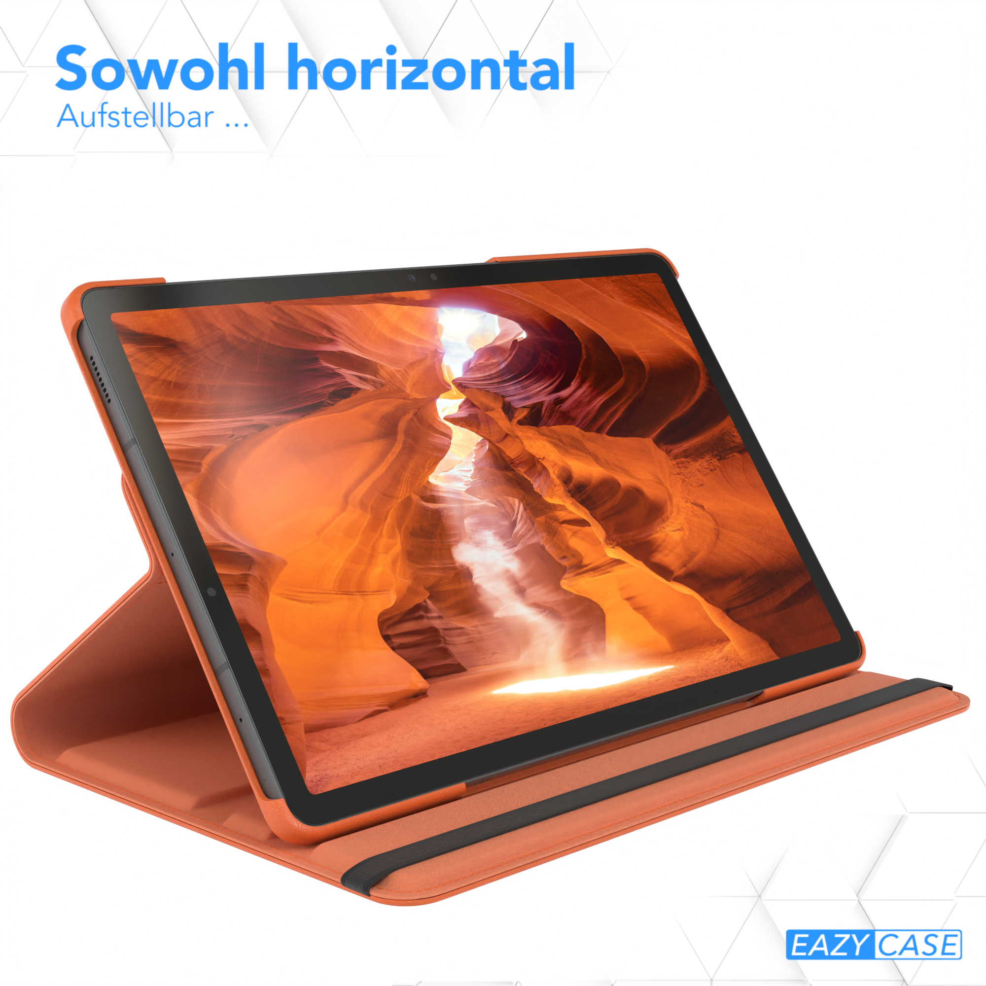 Eine Tablethülle mit offener Klappe, die einen Tablet-Bildschirm vor orangefarbenem Hintergrund zeigt.