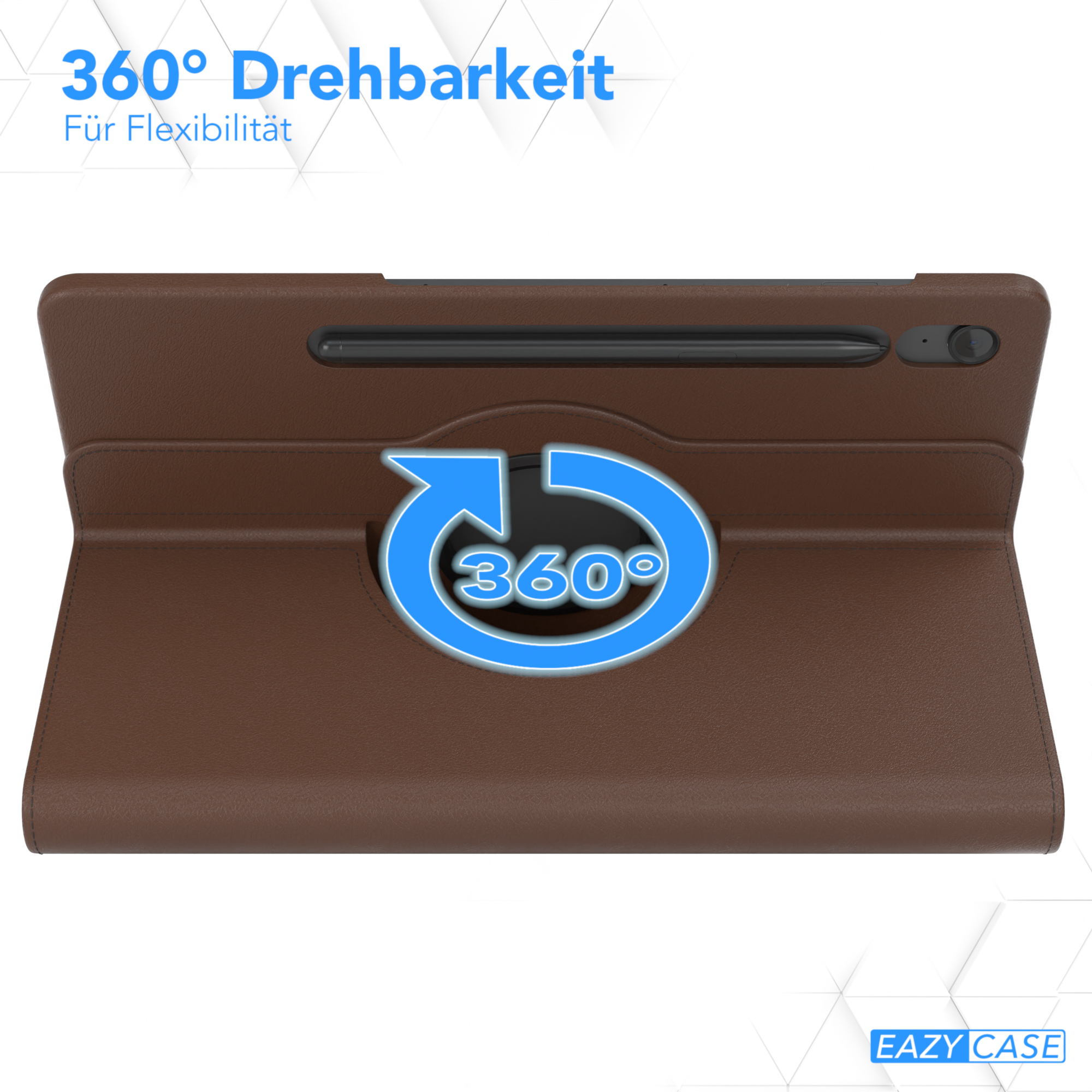 Braune Tablet-Hülle mit einem 360-Grad-Drehsymbol. Die Hülle befindet sich auf weißem Hintergrund.
