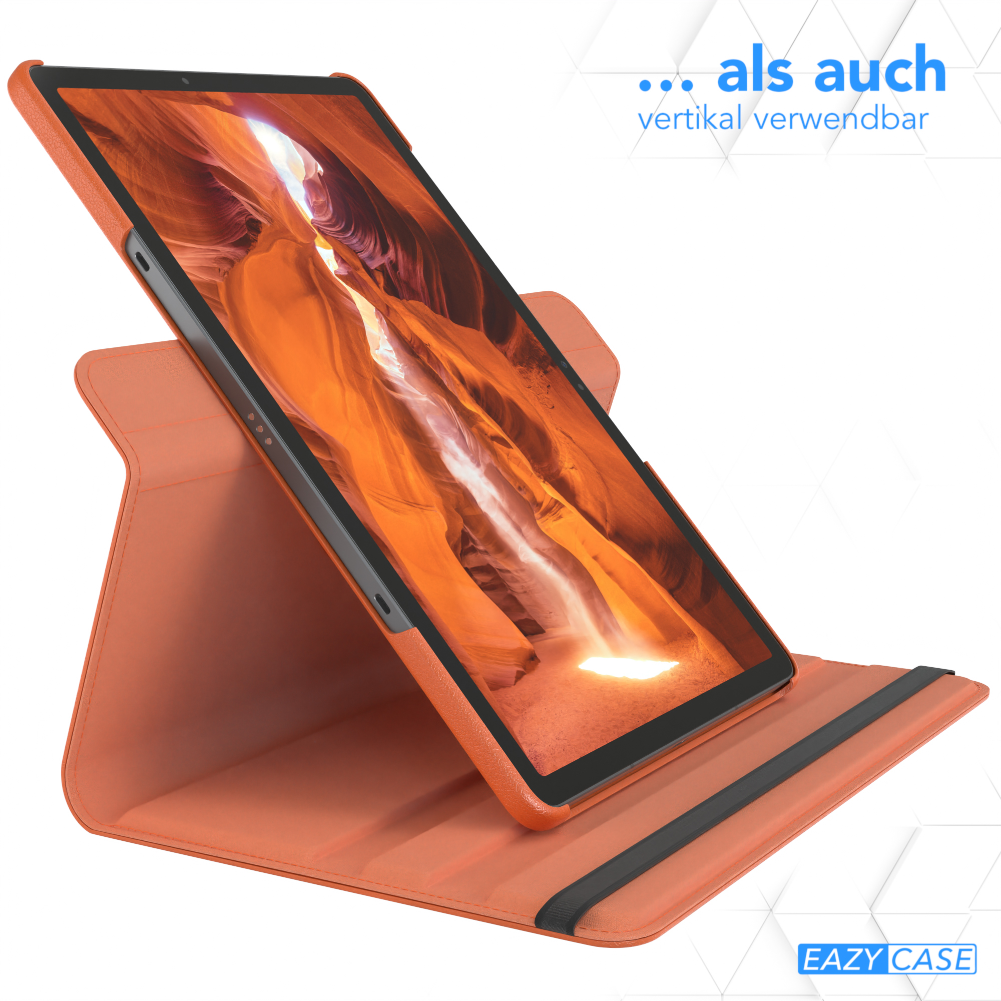 Eine orangefarbene Tablettasche mit einem Tablet darin. Die Tasche ist nach oben abgewinkelt.