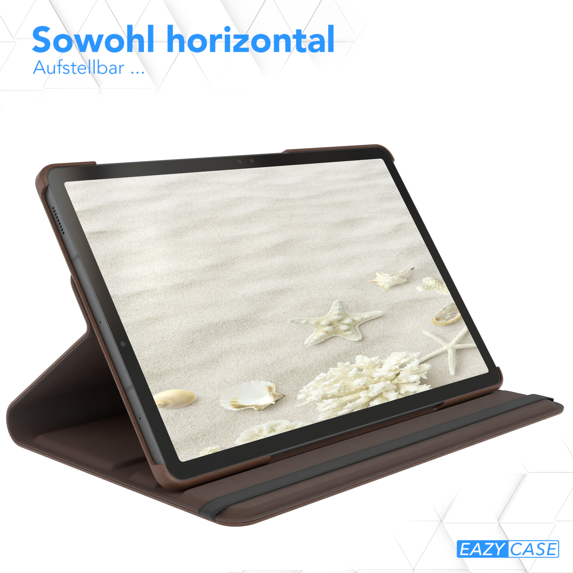 Ein Tablet in einer braunen Hülle, geöffnet, um eine Strandszene mit Muscheln und Seesternen zu zeigen. Text: Sowohl horizontal.