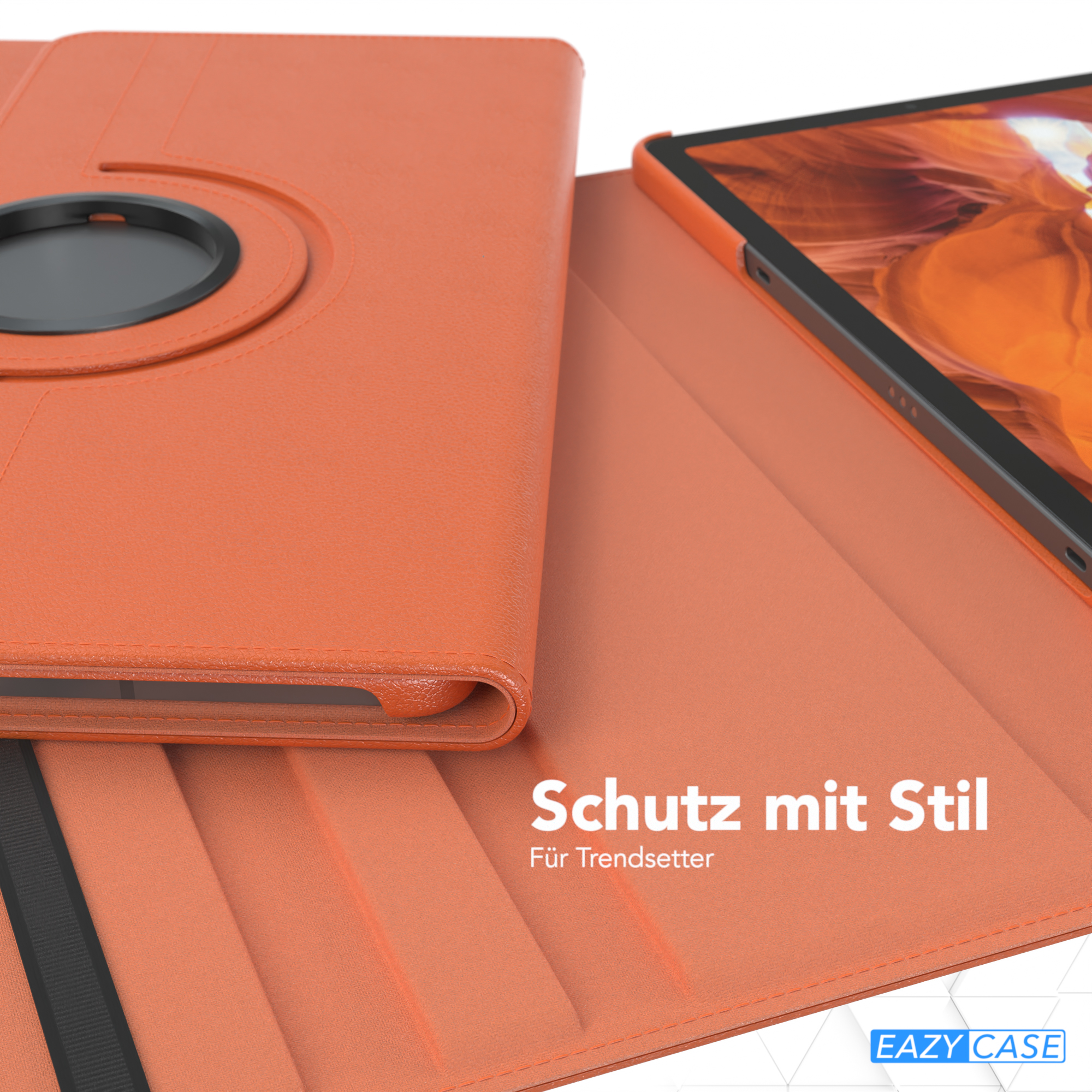 Orange Tablet-Hülle mit schwarzen Akzenten, geöffnet, um das Tablet zu zeigen. Text: Schutz mit Stil.