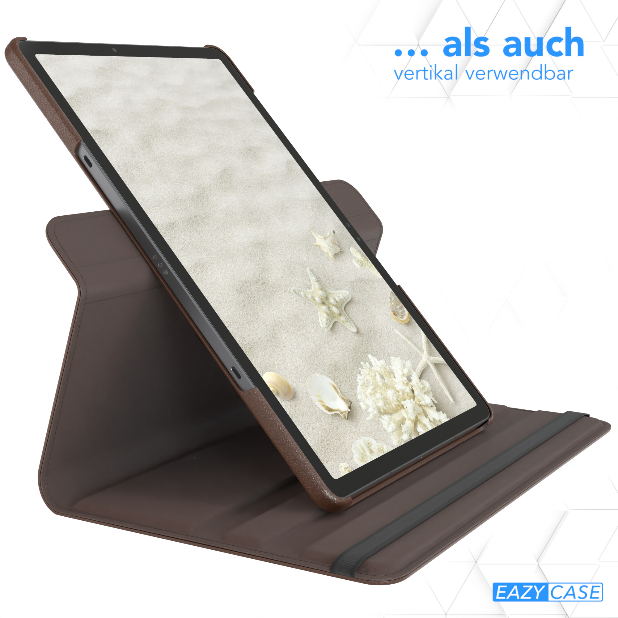 Braune Tablet-Hülle, mit Tablet im Einsatz, Strand-Szene.