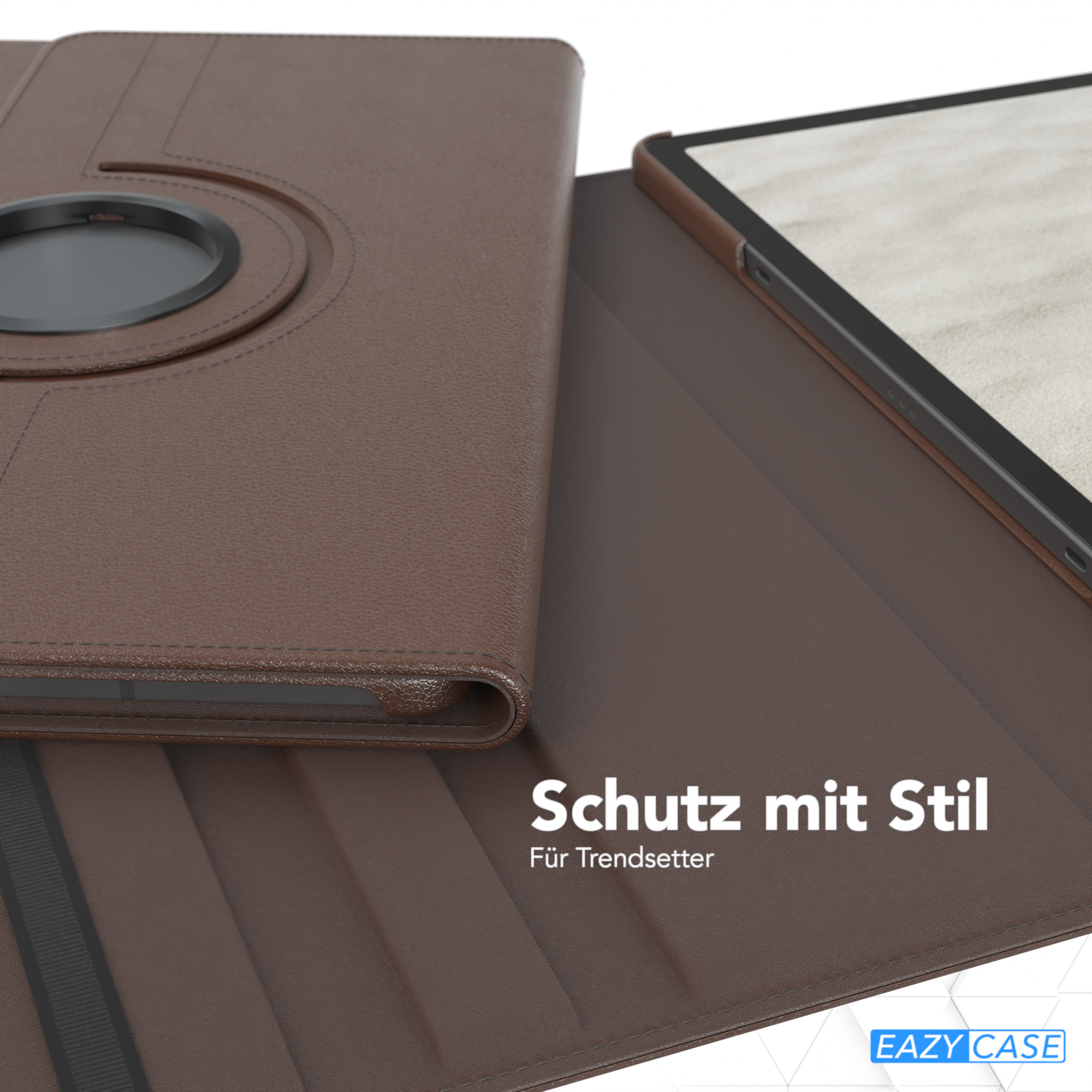 Braune iPad-Hülle, teilweise geöffnet. Zeigt die Hülle und das iPad im Inneren. Brauner Hintergrund.