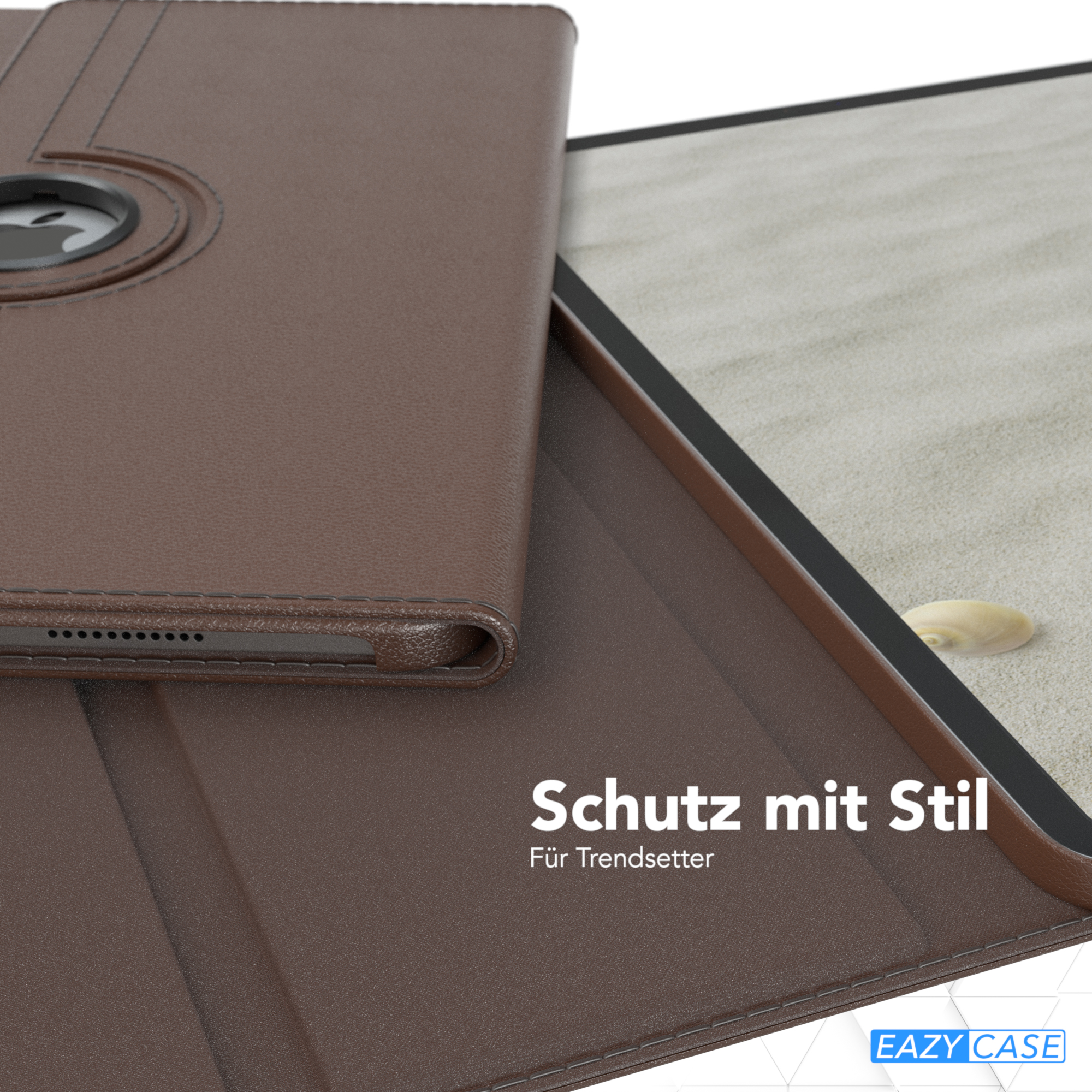 Braune Tablethülle mit Drehmechanismus und weißem Hintergrund.