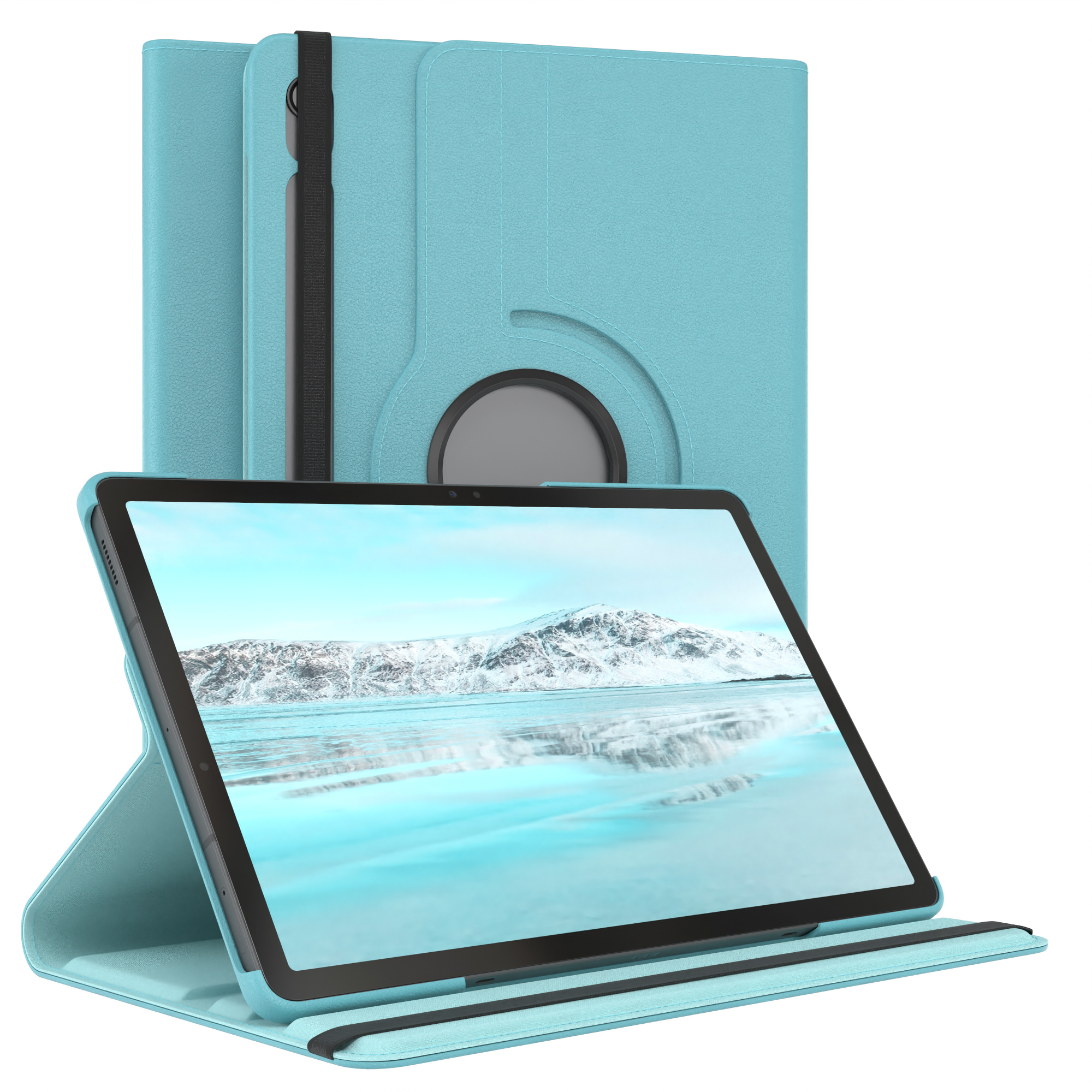 Blaue Tablet-Hülle mit Tablet im Inneren, auf weißem Hintergrund.