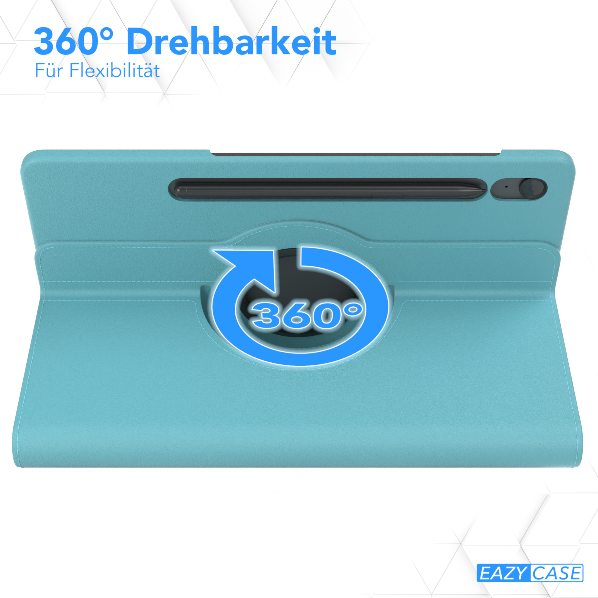 Eine blaue Tablethülle mit einem 360-Grad-Rotationssymbol. Text oben.
