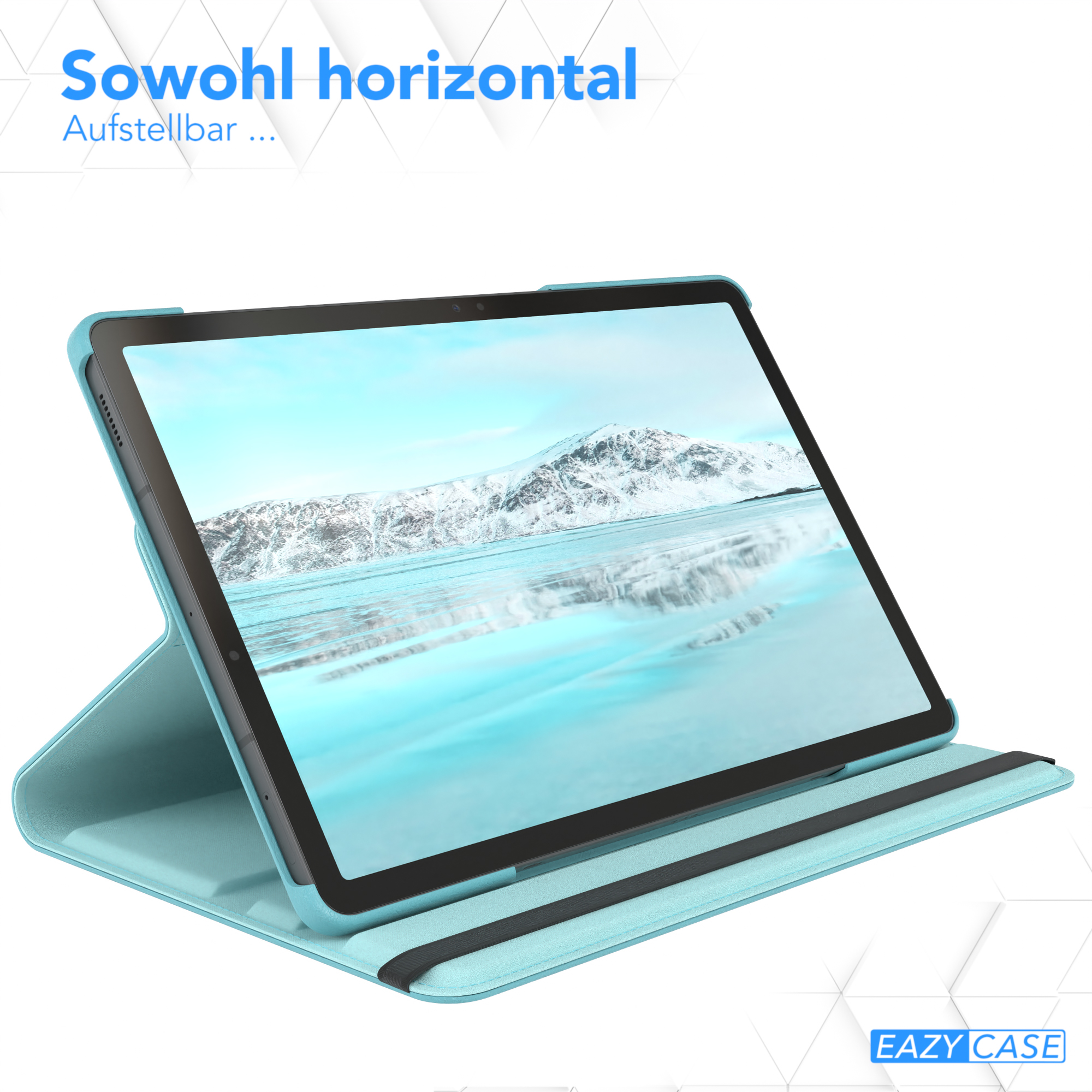 Tablet in blauer Hülle, mit verschneiter Landschaft. Text 'Sowohl horizontal' und Logo.