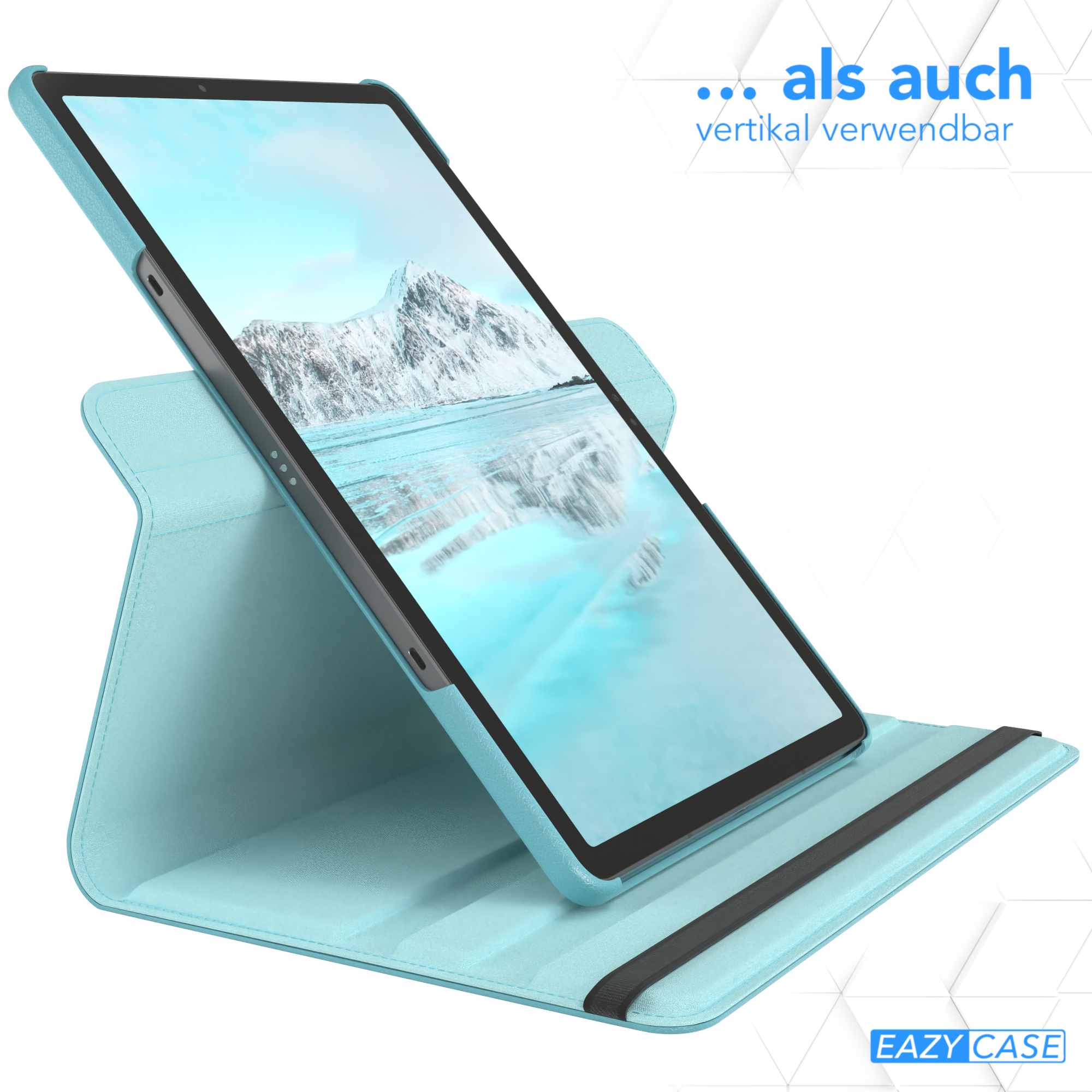 Tablet in hellblauem Ständer. Text: 'als auch vertikal verwendbar'.