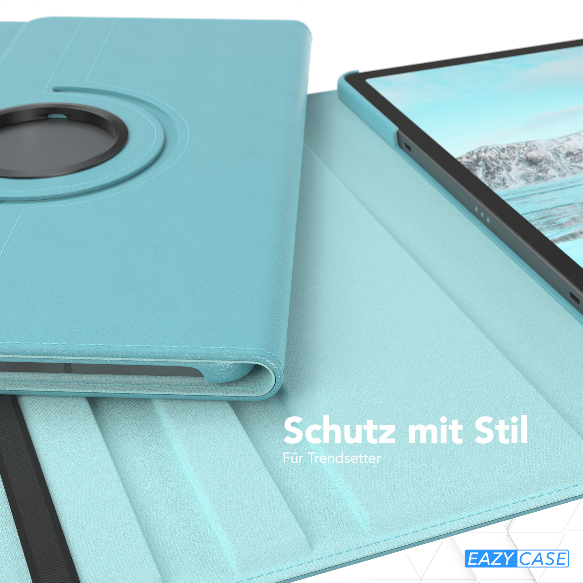 Blaue Tablethülle ist geöffnet. Der Hintergrund ist weiß. Die Hülle liegt auf einem Tisch.