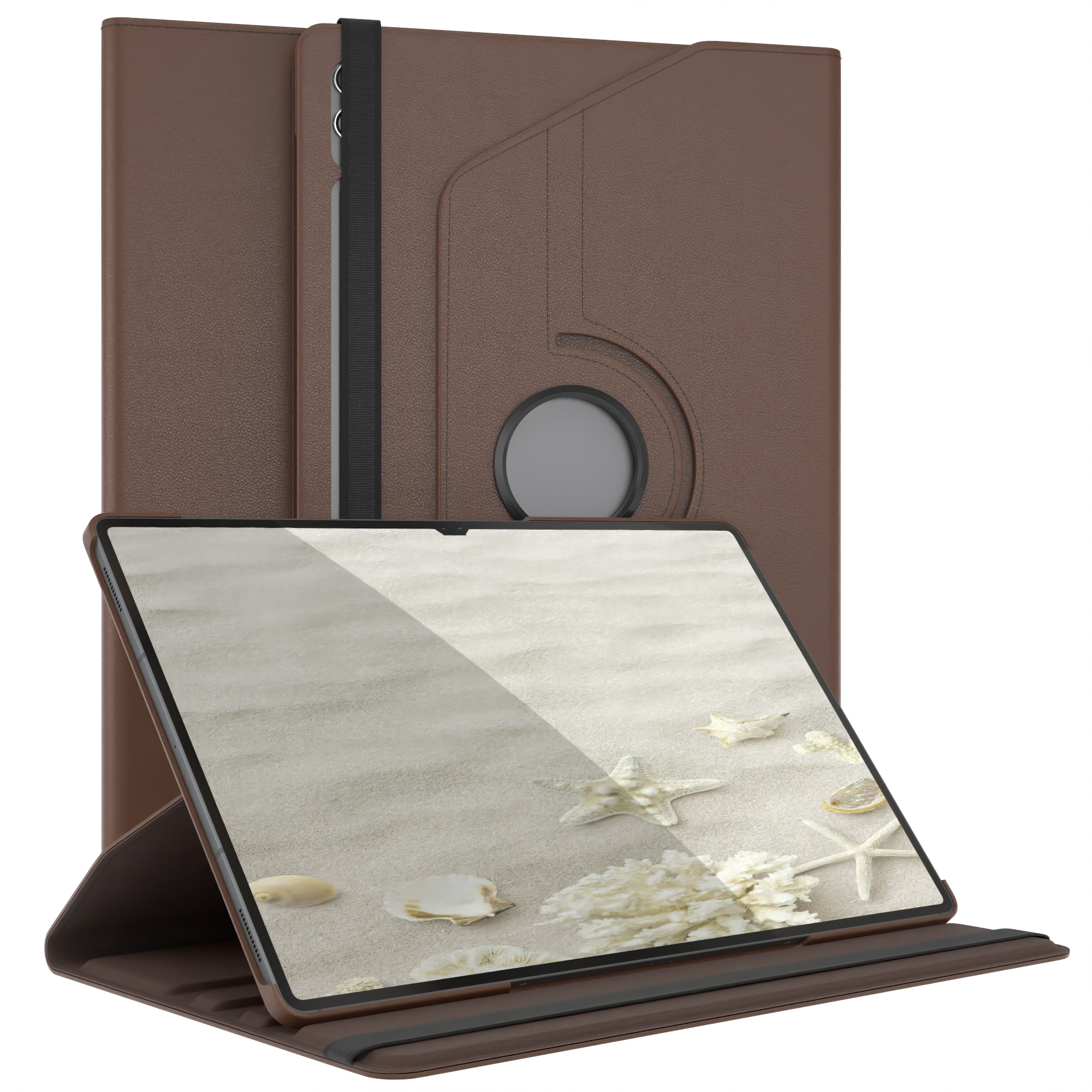 Braune Tablet-Hülle, geöffnet. Der Bildschirm zeigt Sand und Muscheln.