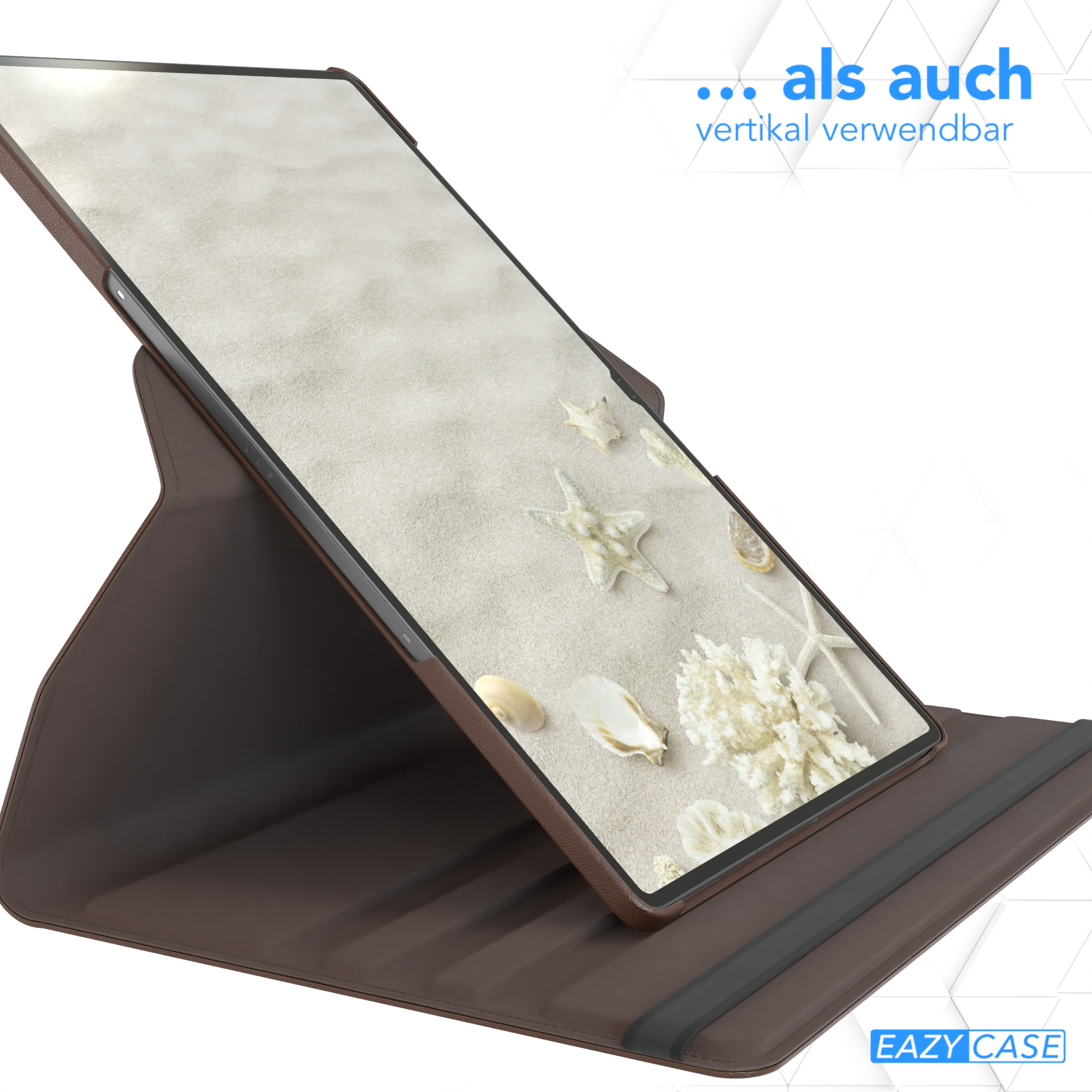 Tablet auf einem braunen Ständer, zeigt eine Strandszene. Text sagt, dass es vertikal verwendet werden kann.
