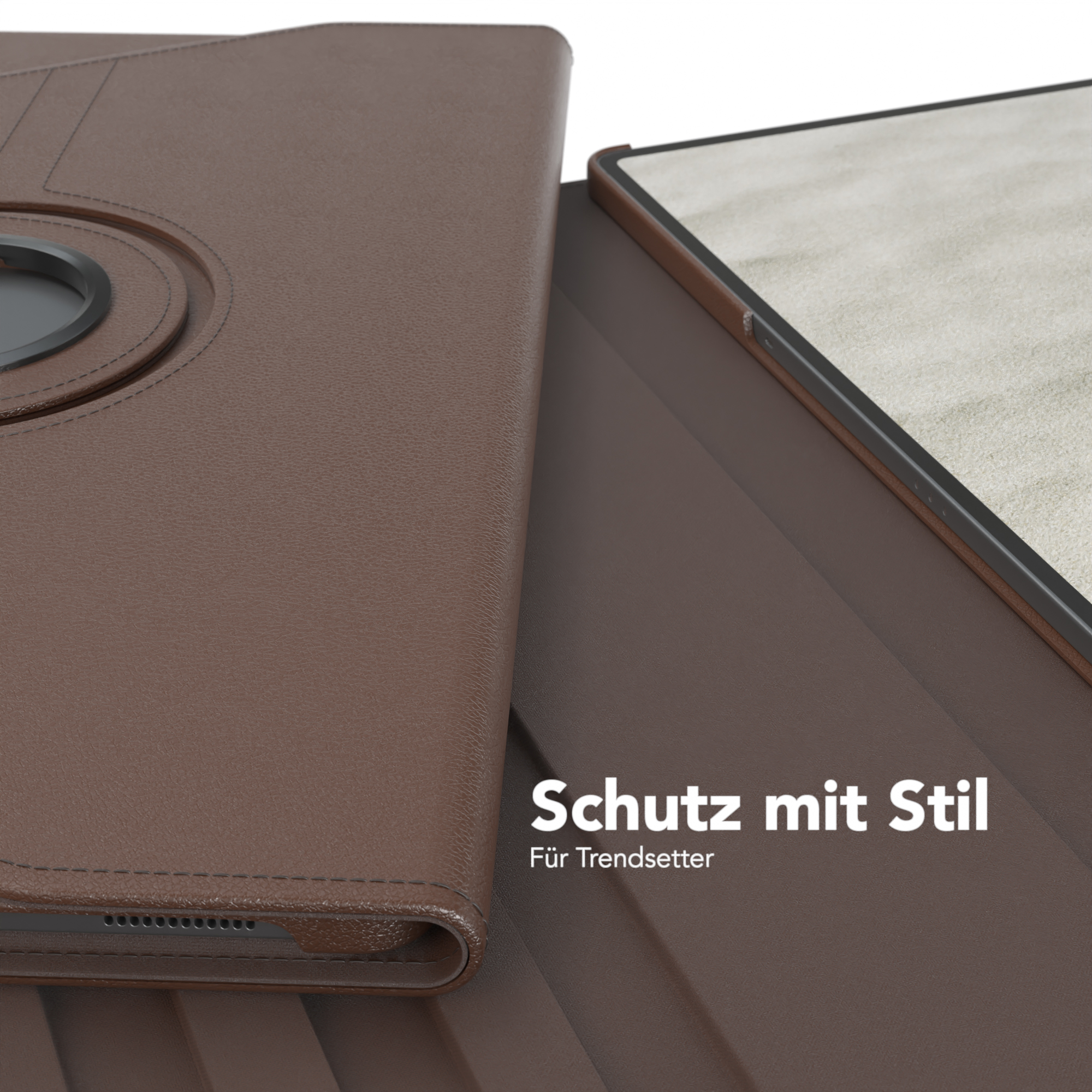 Braune Tablet-Hülle mit Drehmechanismus, Tablet teilweise sichtbar.