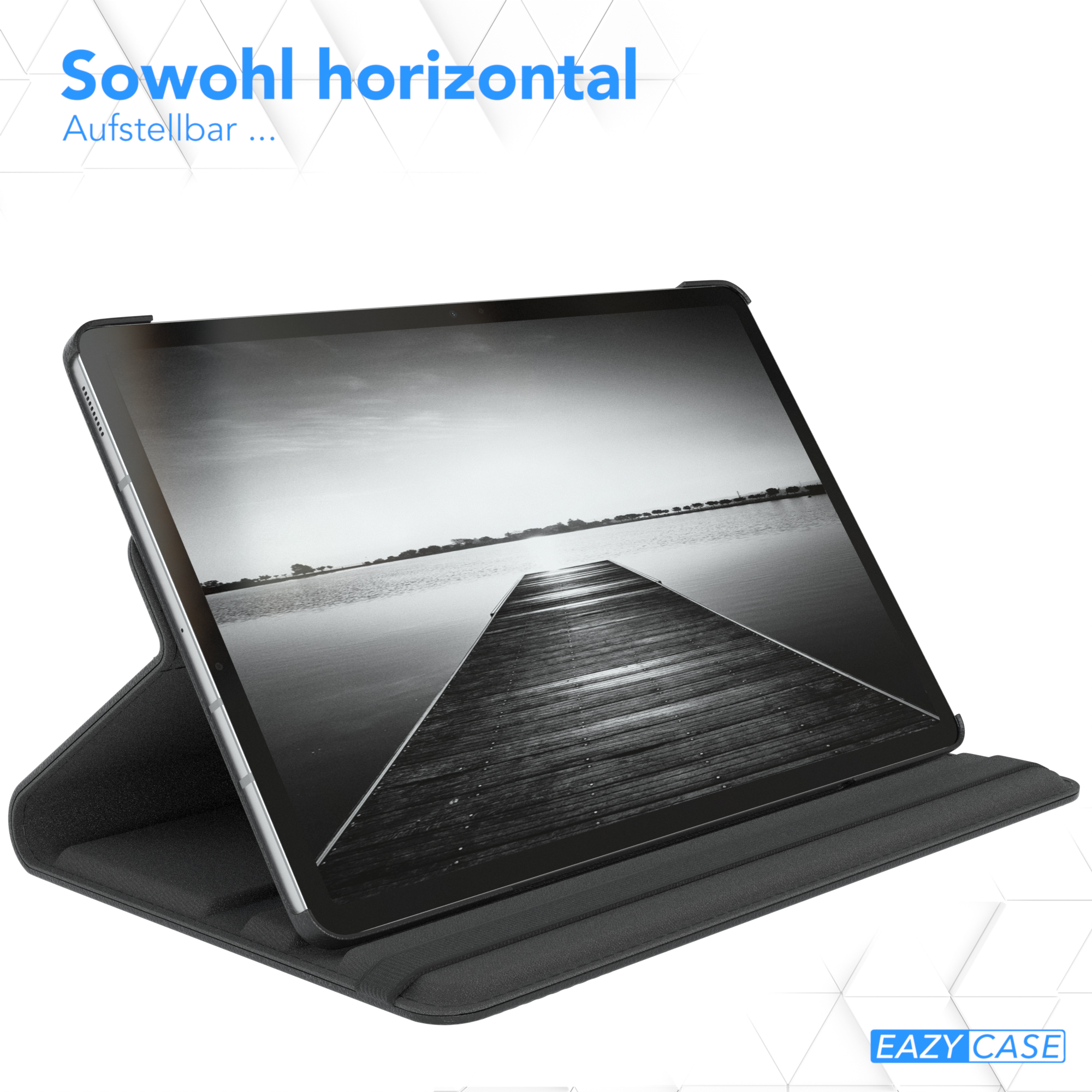 Tablet auf Ständer, Dockingstation. Hintergrund: Wasser und Steg, Text: horizontal.