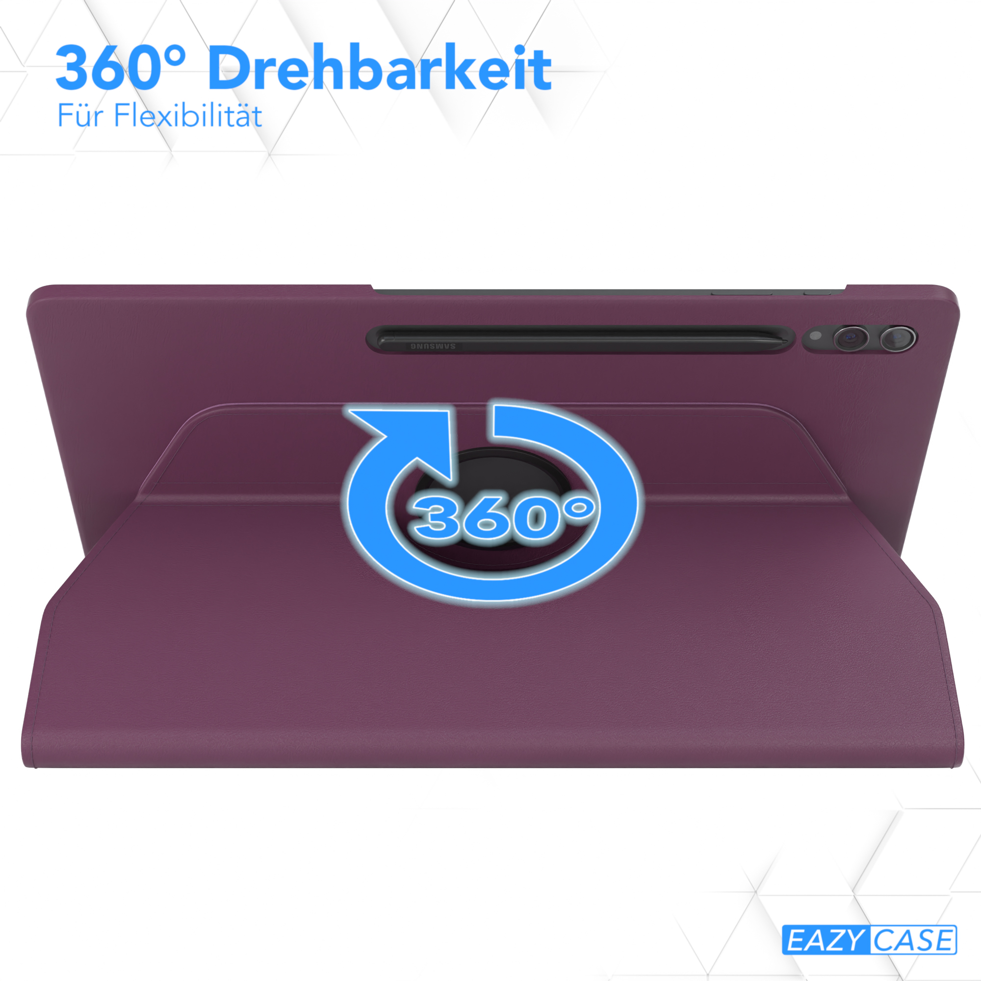 Eine weinrote Tablet-Hülle mit einem 360-Grad-Drehsymbol. Die Hülle hat ein Samsung-Logo.