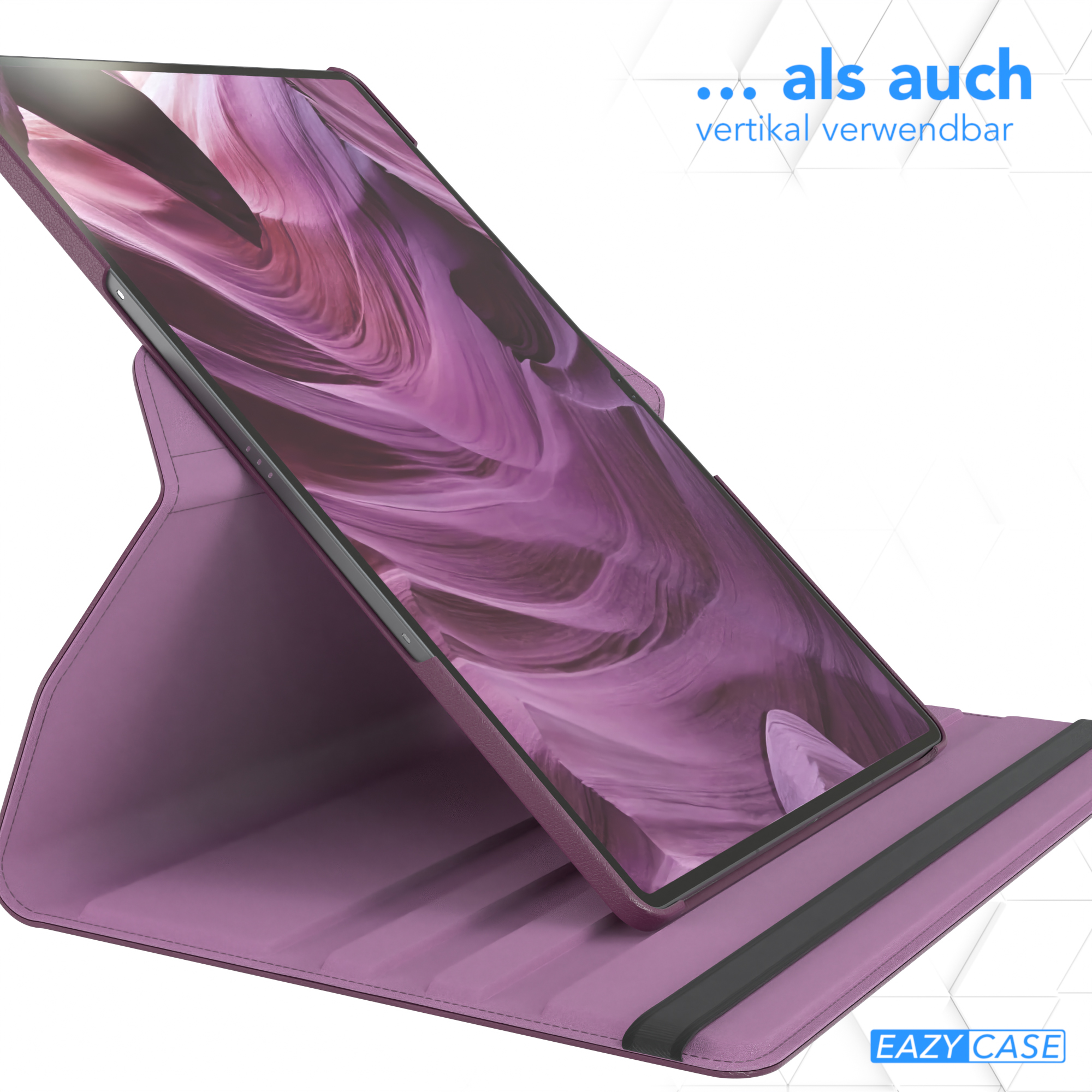 Tablet in lila Hülle, angewinkelt. Die Hülle hat einen eingebauten Ständer und sagt '... als auch vertikal verwendbar'.