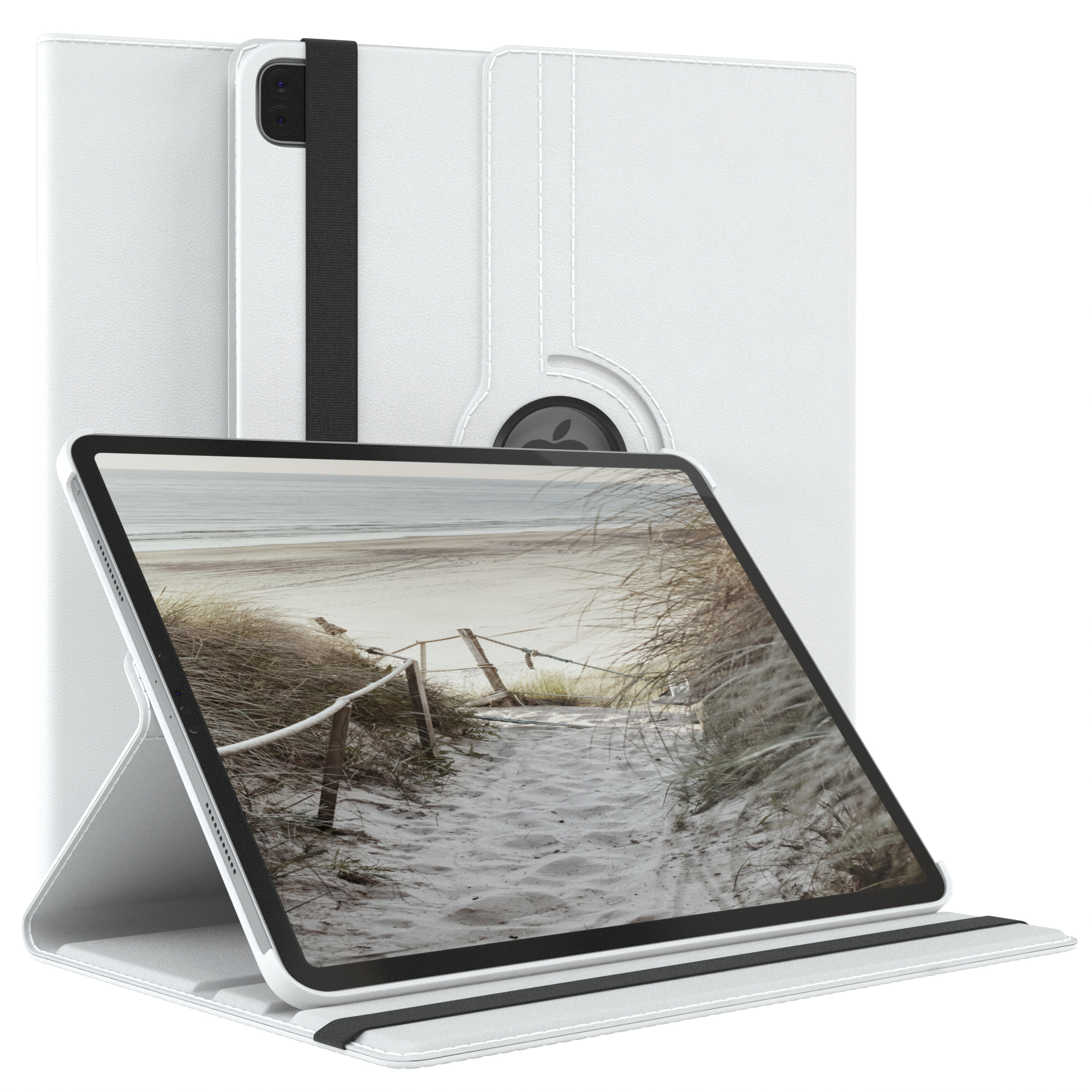 Weißes Tablet-Case mit Strandbild auf dem Bildschirm, und Stifthalter.