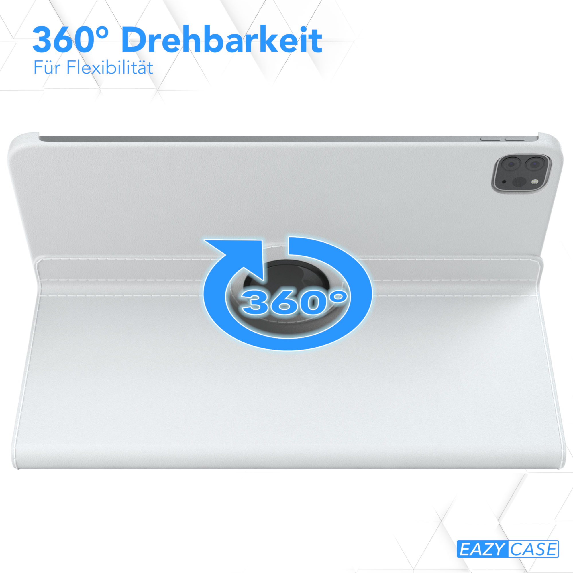 Weiße Tablet-Hülle mit 360°-Drehung. Blaue Pfeile zeigen die Drehung an.